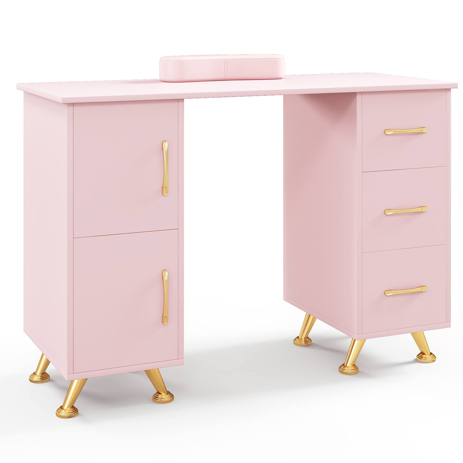 Costway - Wooden Nail Desk Station with Removable Wrist Rest Metal Legs & 3 Drawers, 2 Cabinets - Pink