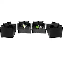 Gymax - 8PCS Rattan Patio Conversation Set Outdoor Furniture Set w/ Cushions - Black