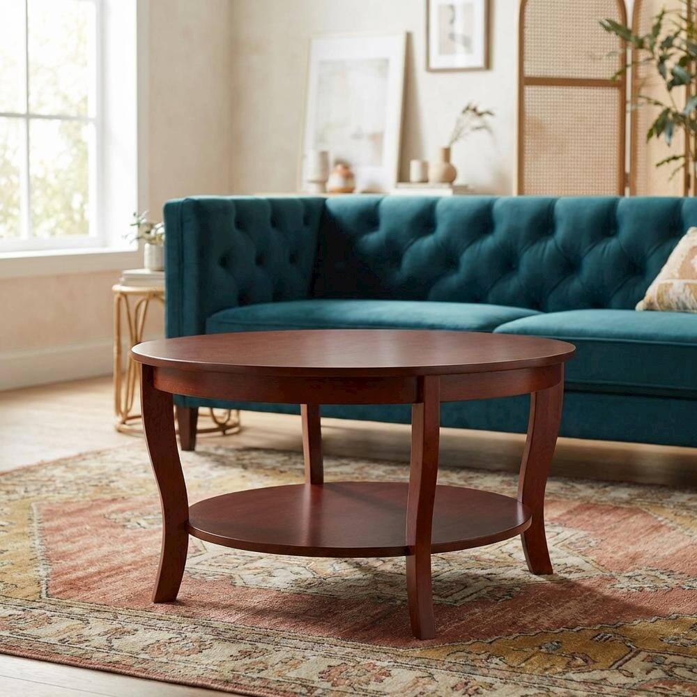 Alt View 1. FurniFact - Distressed Round Coffee Table with Shelf in Classic Style - Mahogany.
