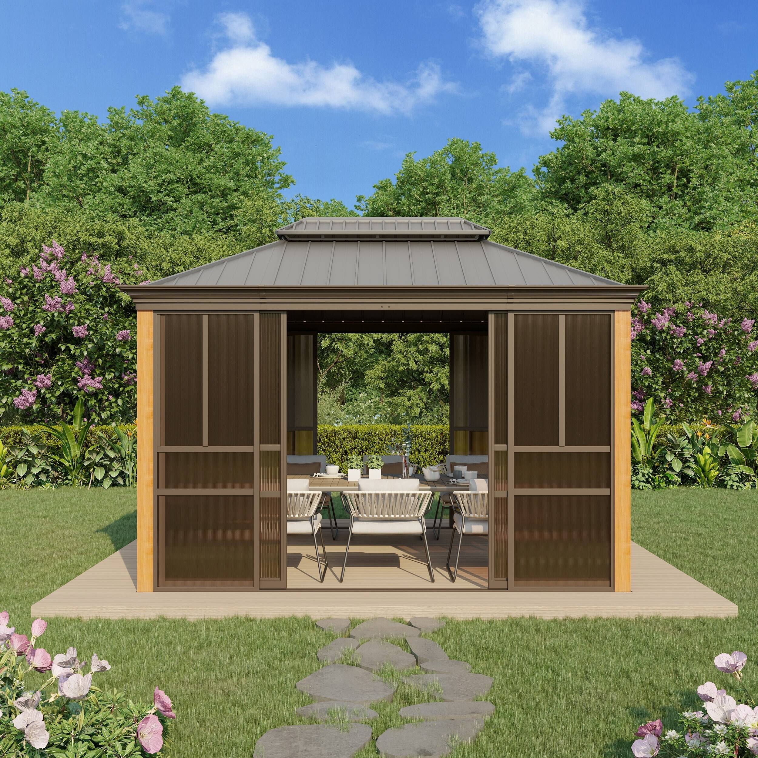 Left. U-HOMY - Hardtop Sunroom Gazebo with Double Steel Roof, Sliding Doors & Screens, All-Season Aluminum Pergola - 10' x 12'.