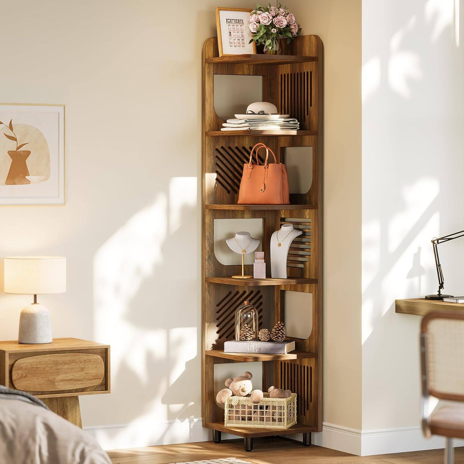 Angle. Tribesigns - Corner Bookshelf with Engineered Wood Construction and Space-Saving Design for Living Room and Bedroom - Brown.