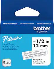 The text on the image reads: "Petouch 1/2 in Label Tape Ruban standard 12 mm Cinta Estandar on Clear blanc White Print avec texte Transparent sobre Transparente Texto Blanco Btag-135 0.47 in X 13.1 ft Btag 12 mm X 4 m".