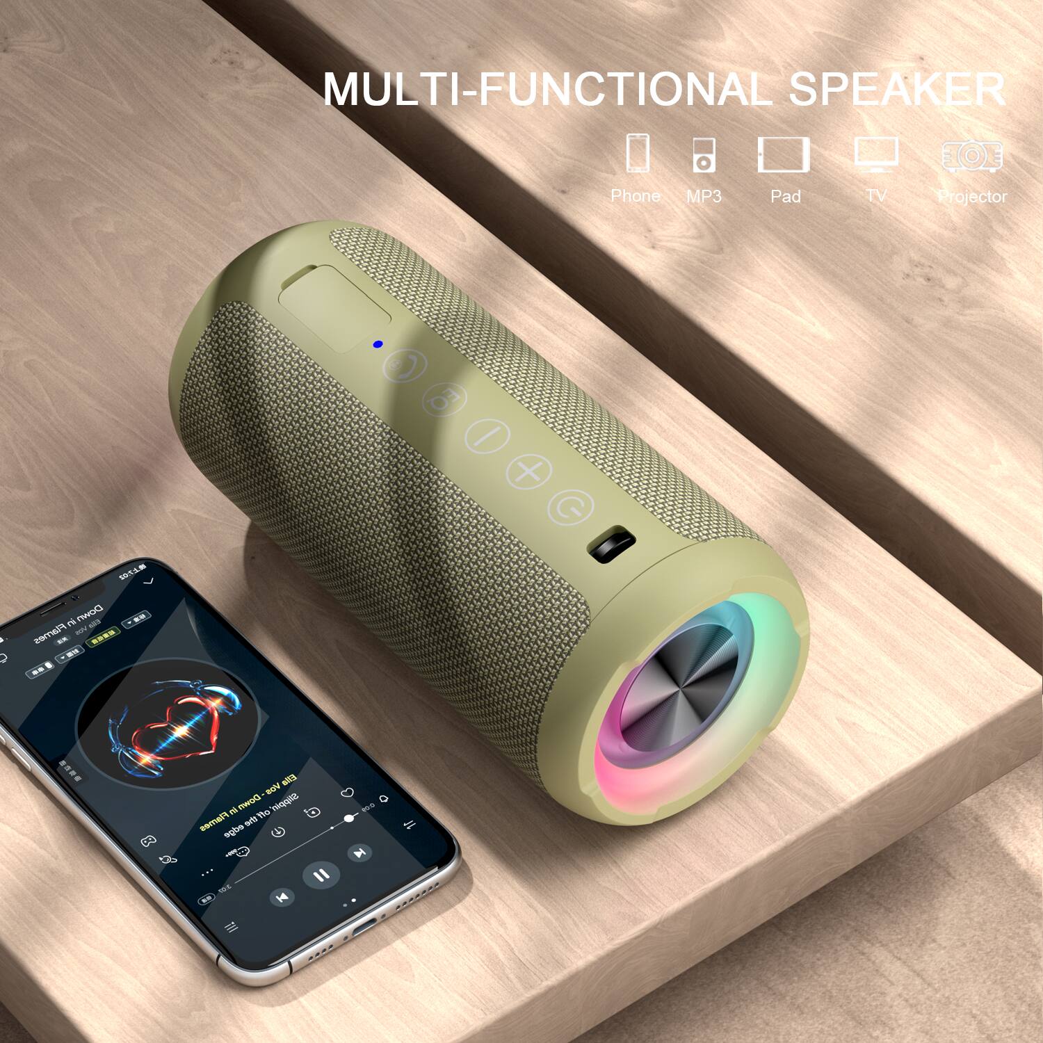 MULTI-FUNCTIONAL SPEAKER

Phone MP3 Pad TV Projector

O3 / + SLS L T  -. -/ Flames mr -.  - -- . WiTS BOV - Pown Shpper Te Flames wd aghe I H ada - M