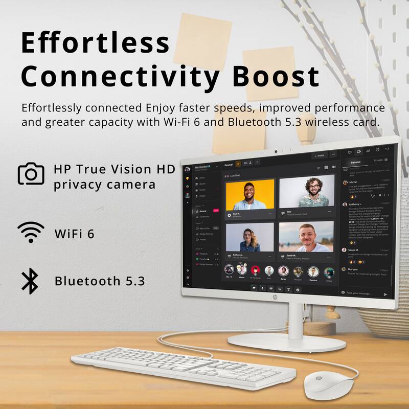 Effortless Connectivity Boost

Effortlessly connected. Enjoy faster speeds, improved performance and greater capacity with Wi-Fi 6 and Bluetooth 5.3 wireless card.

- HP True Vision HD privacy camera
- WiFi 6
- Bluetooth 5.3