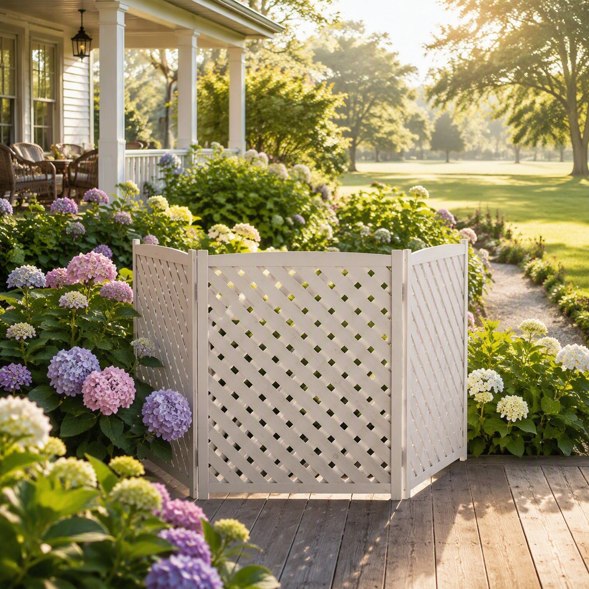 Left. RYHNUYNE - 3 Panel Outdoor Privacy Fence Screen for Air Conditioner, Solid Wood Patio Enclosure, 32x38 Inches Each Panel - White.