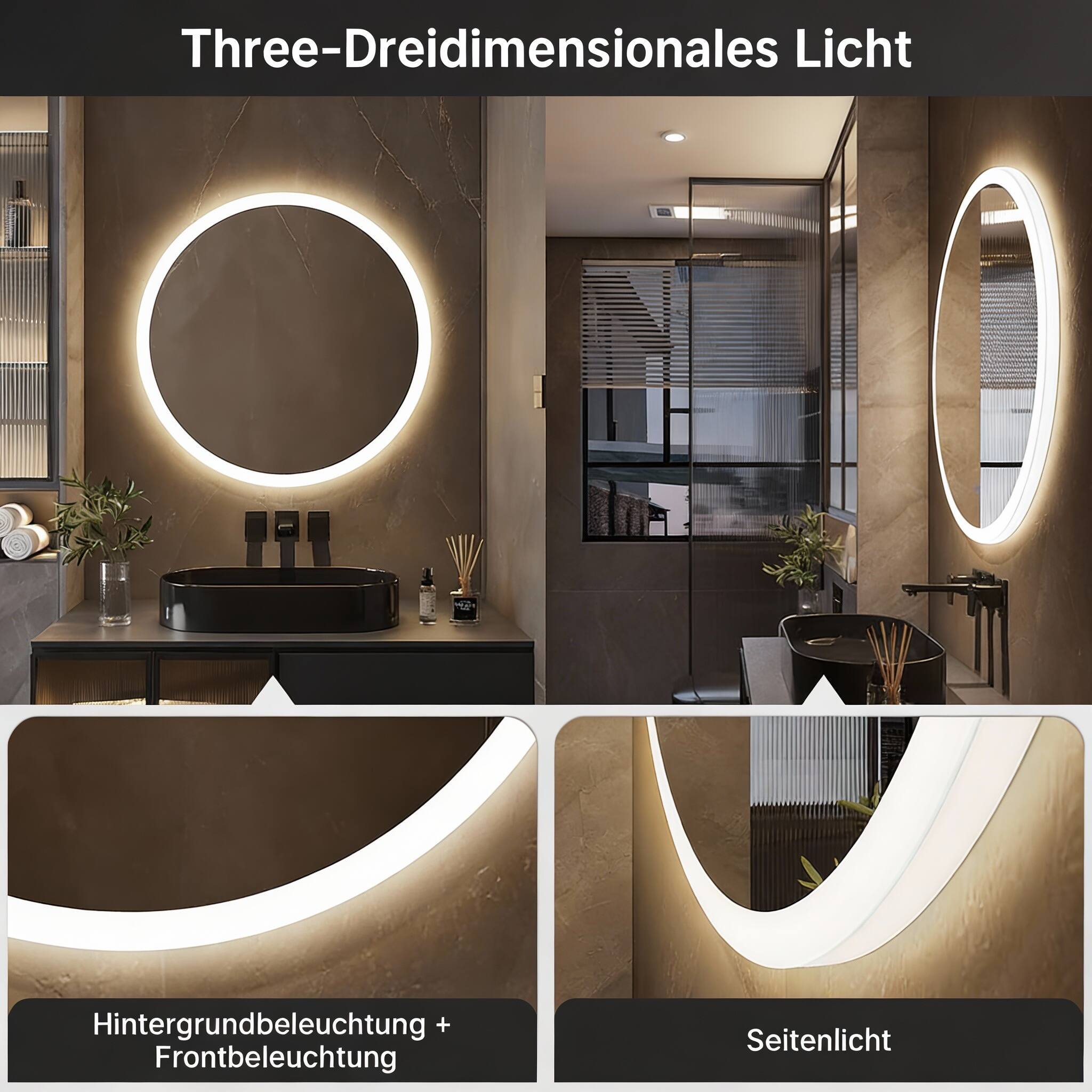 Three-Dreidimensionales Licht  
Hintergrundbeleuchtung + Frontbeleuchtung  
Seitenlicht