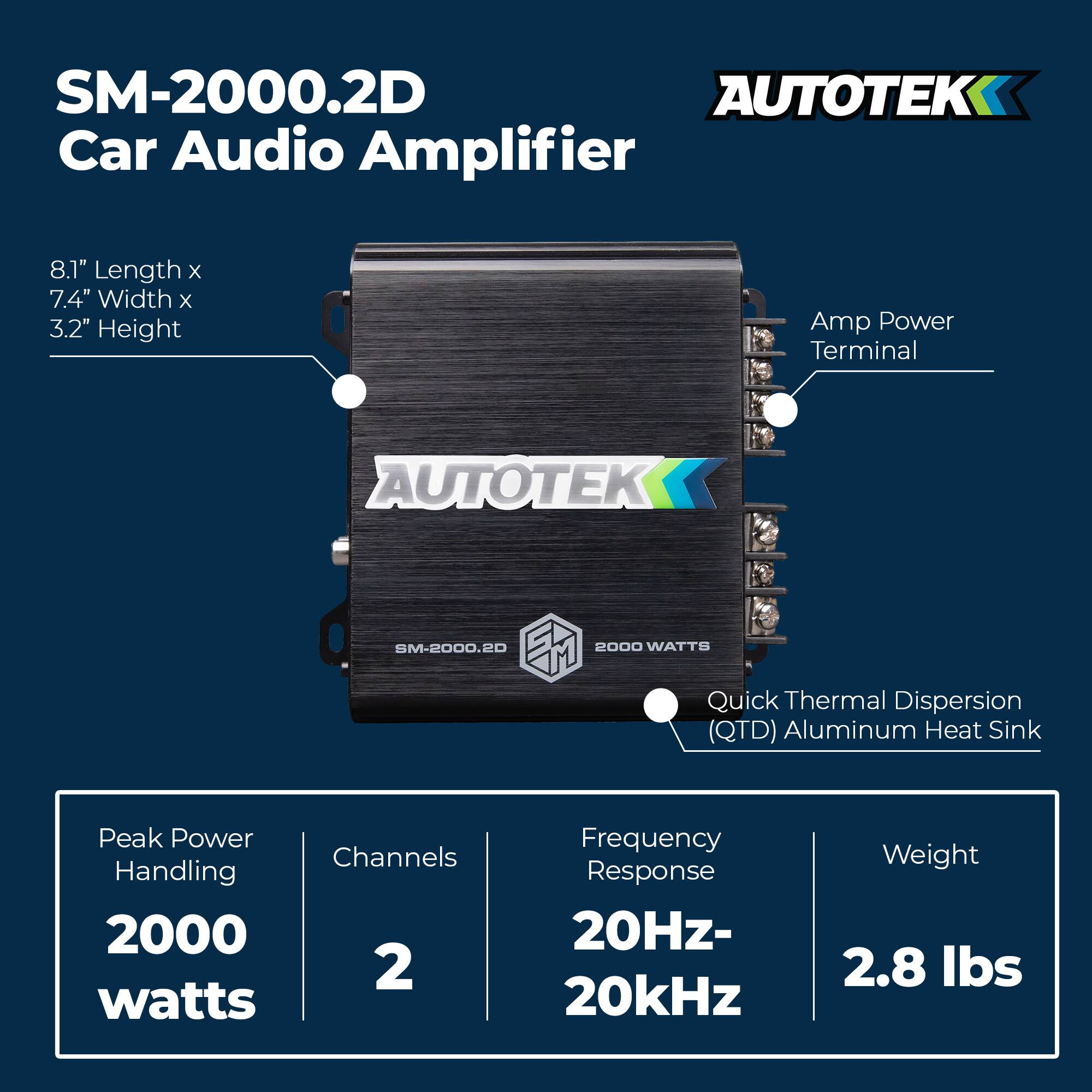 SM-2000.2D Car Audio Amplifier

8.1" Length x 7.4" Width x 3.2" Height

Amp Power Terminal

Quick Thermal Dispersion (QTD) Aluminum Heat Sink

Peak Power Handling: 2000 watts

Channels: 2

Frequency Response: 20Hz-20kHz

Weight: 2.8 lbs