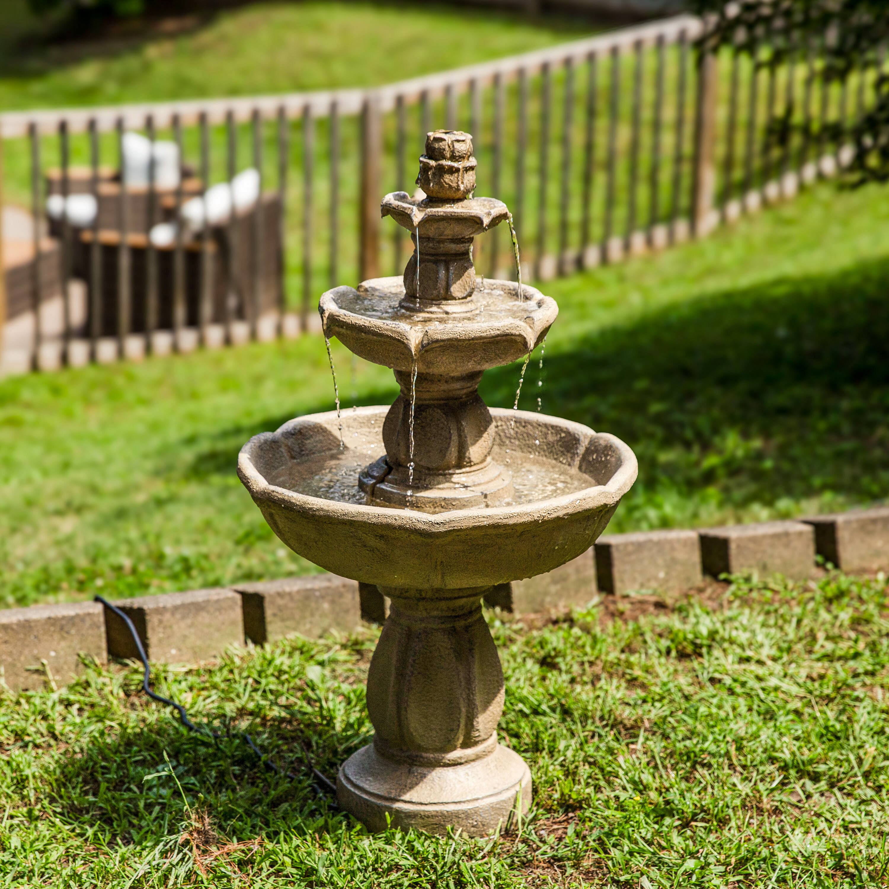 Alt View 7. Sunnydaze - Birds' Delight Fiberglass Outdoor 3-Tier Water Fountain - Light Brown.