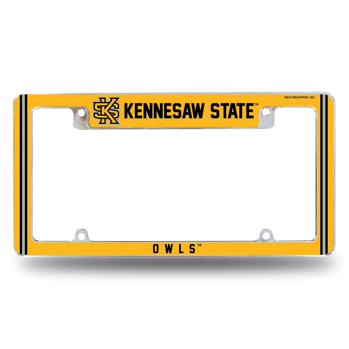 Kennesaw State Owls Chrome Metal License Plate Frame with Full Frame Team Color Graphics