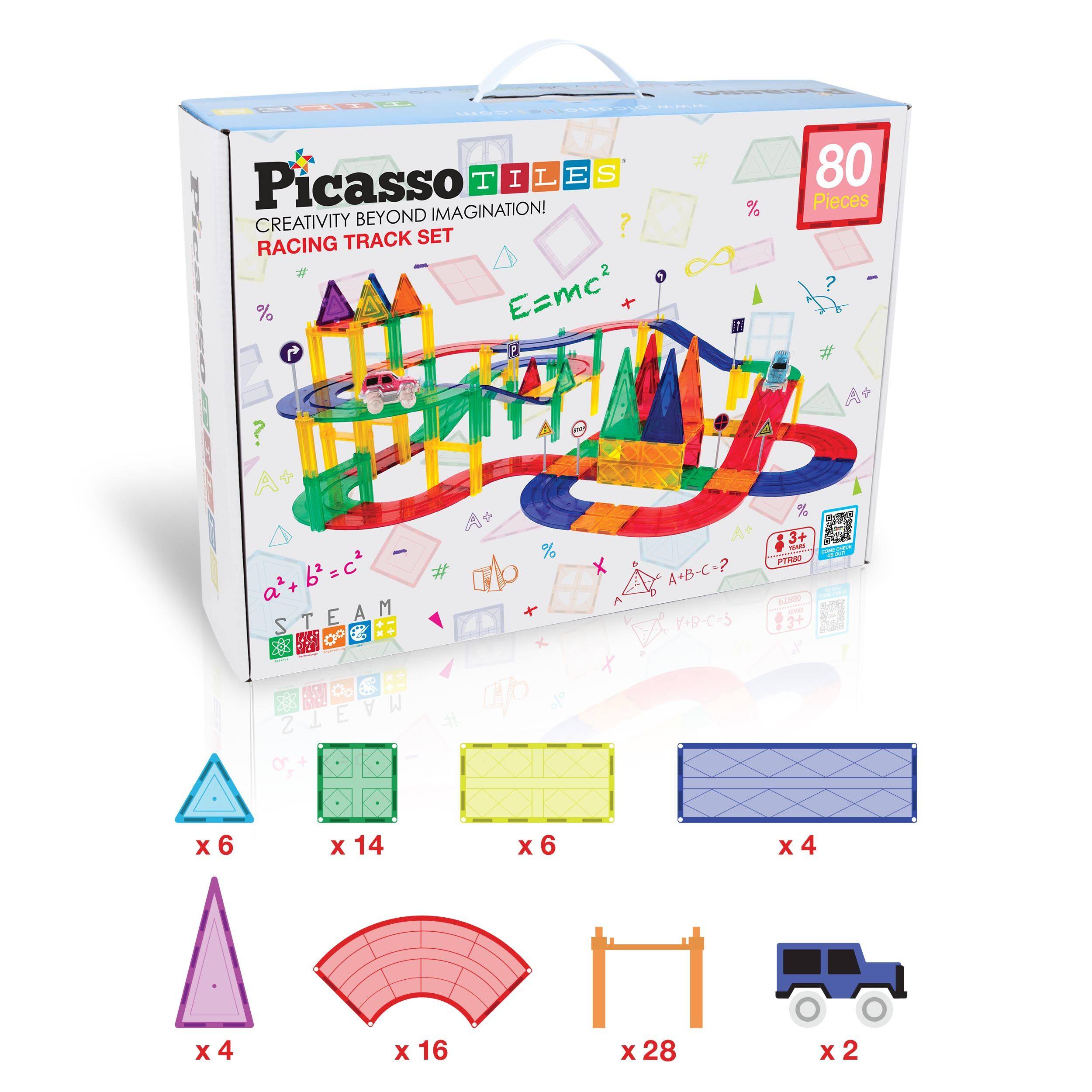 Picasso Tiles Creativity Beyond Imagination! Racing Track Set # % E=mc² STEAM 80 Pieces 3+ 8 % A+B-C-? ZIEW A+ x 6 x 14 x 6 x 4 x 4 x 16 x 28 x 2