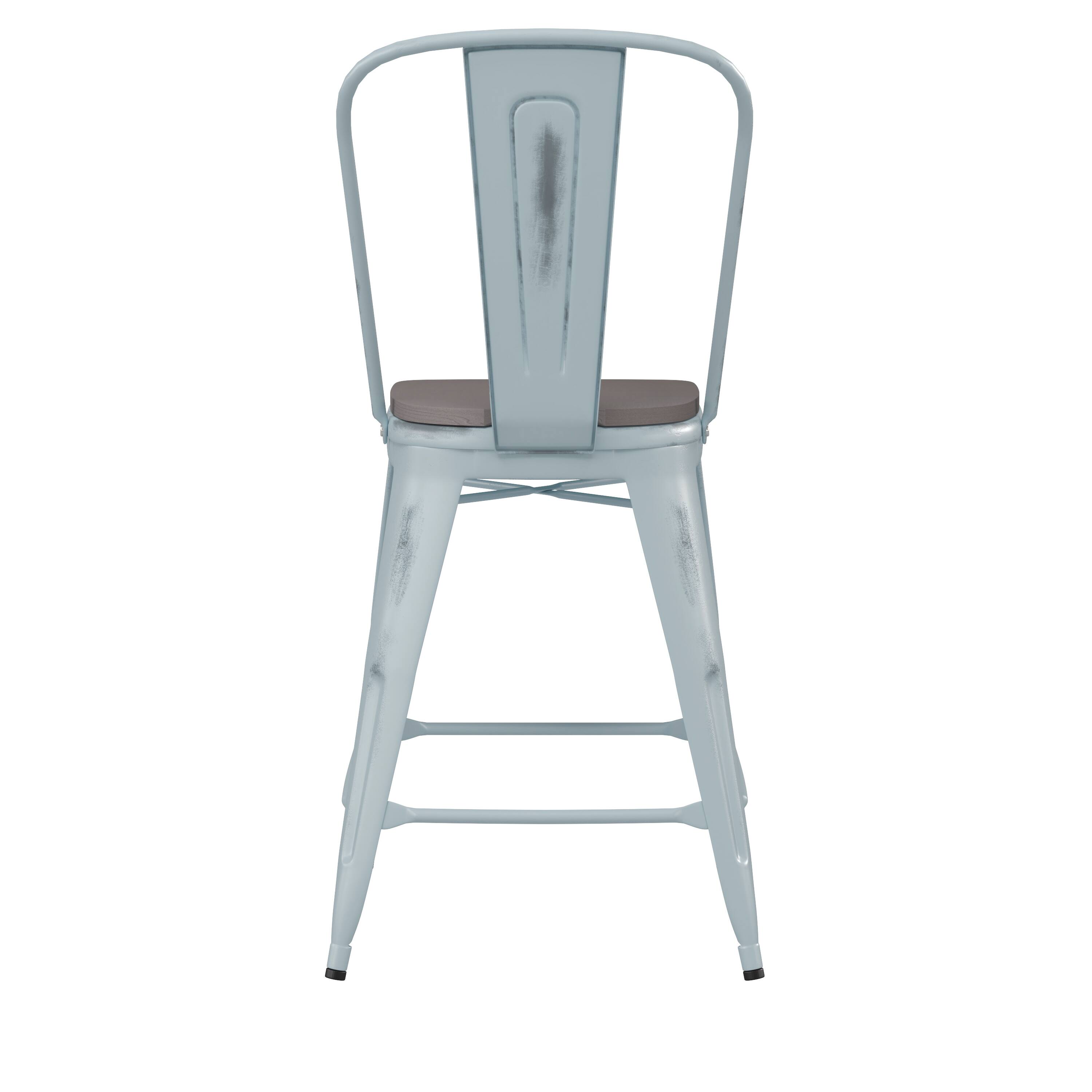 Alt View 8. Emma + Oliver - Nova Distressed Metal Stools with Backs and Polystyrene Seats for Indoor/Outdoor Use - Gray Seat/Green-Blue Frame.
