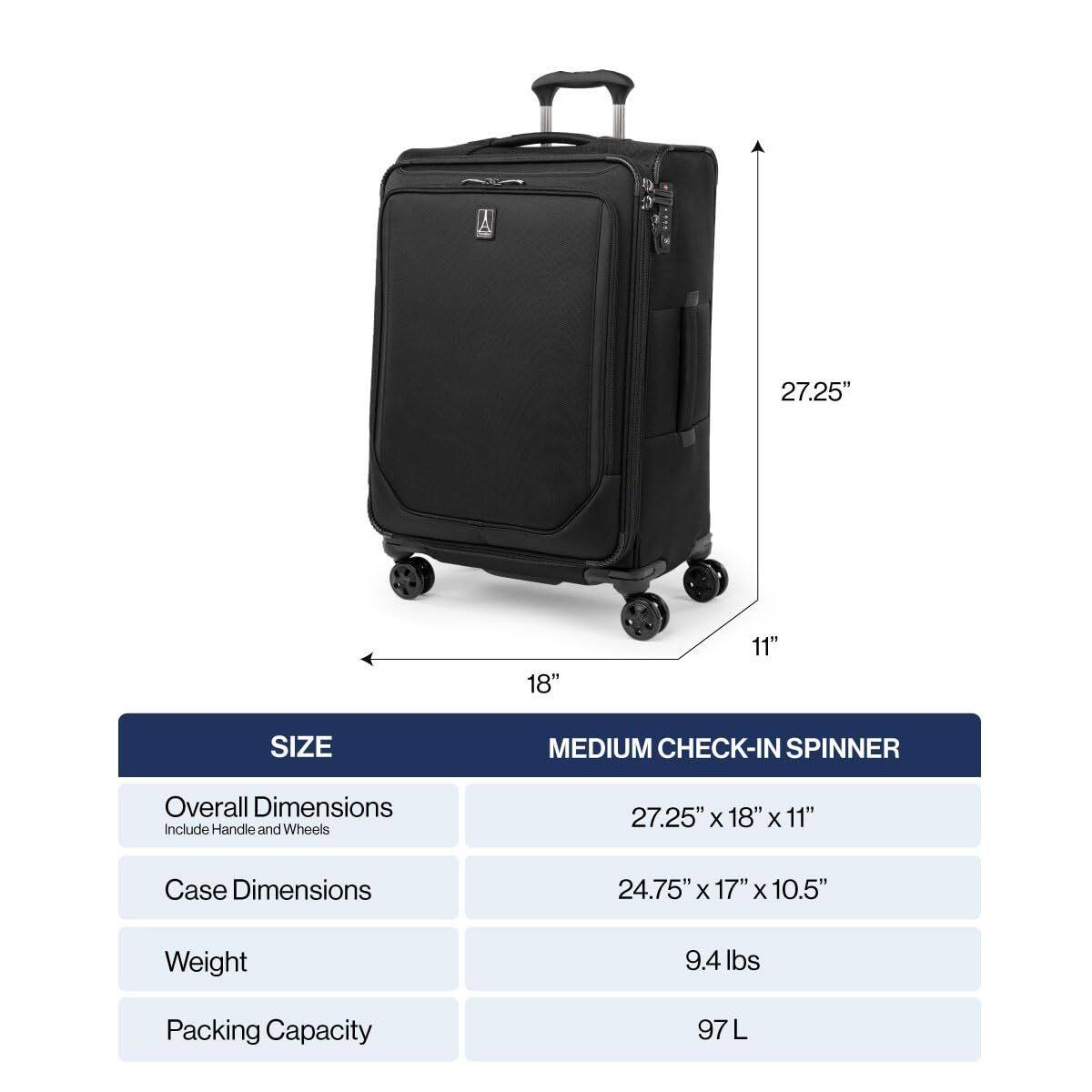 27.25" 18" 11" SIZE MEDIUM CHECK-IN SPINNER  
Overall Dimensions Include Handle and Wheels  
27.25" X 18" X 11"  
Case Dimensions  
24.75" x 17" X 10.5"  
Weight  
9.4 lbs  
Packing Capacity  
97 L
