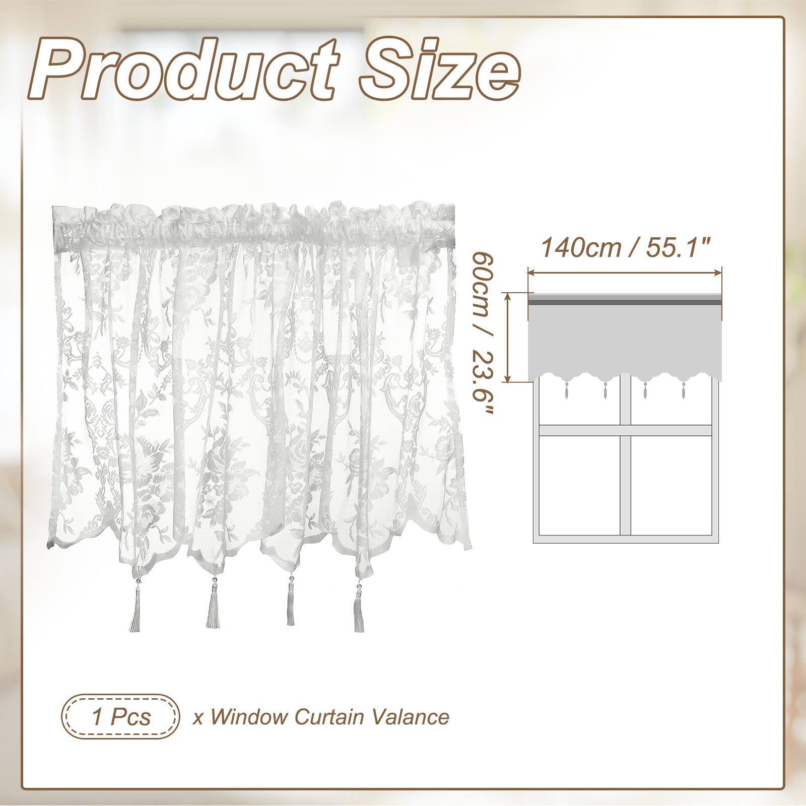 Product Size

60cm / 23.6"  
140cm / 55.1"  

1 Pcs x Window Curtain Valance