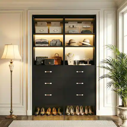 Front. Aheaplus - 2-Pack 96" Closet Organizer: 3 Hanging Rods, 3 Wood Drawers, Adjustable 5-8FT Walk-in System - White Oak.