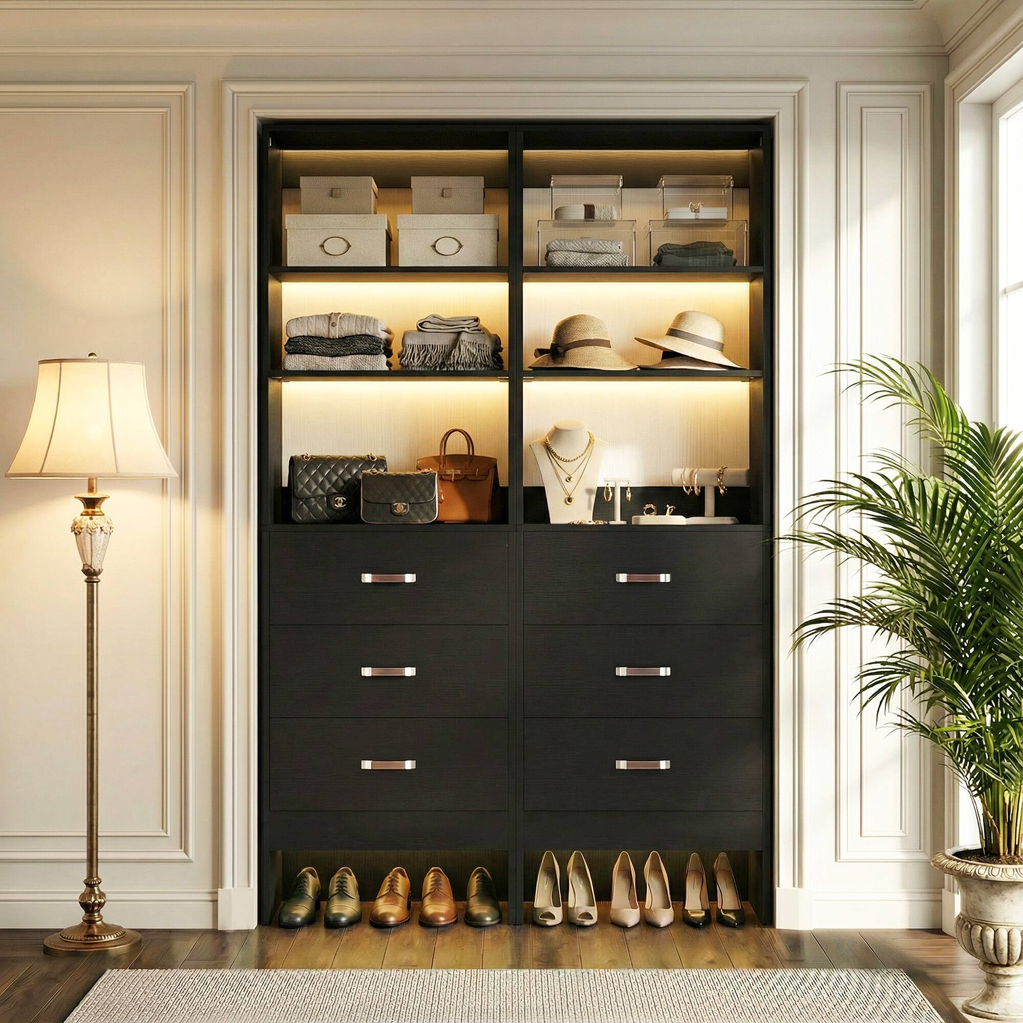 Front. Aheaplus - 2-Pack 96" Closet Organizer: 3 Hanging Rods, 3 Wood Drawers, Adjustable 5-8FT Walk-in System - White Oak.