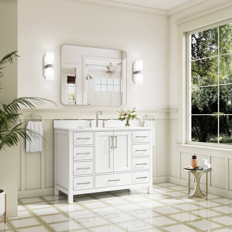 Angle. WELLFOR - 48 in Bathroom Vanity with Sink, Freestanding Solid Wood Bathroom Cabinet with 2 Doors& 9 Drawers,Brushed Nickel Handle - White.