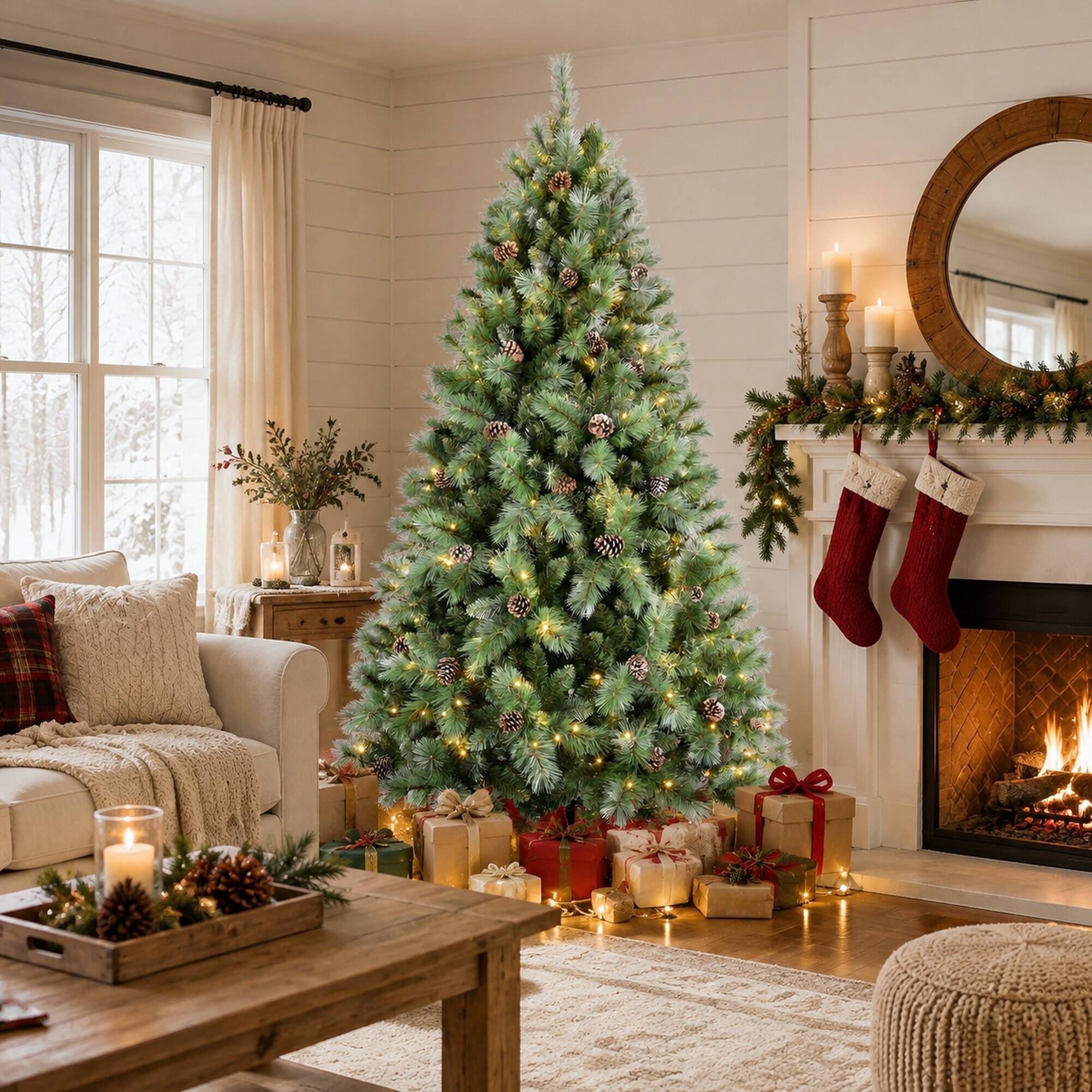 Angle. RYHNUYNE - 7.5FT Christmas Tree With 92 Pine Cones, 1588 Mixed PVC Hard Needle Branches Hinged Structure Sturdy Metal Stand - Green.