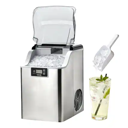 Front. VEVOR - Countertop Ice Maker, 44 lbs per Day, Self-Cleaning Portable Machine with Scoop, 4 lbs Ice-Storage Basket - Silver.