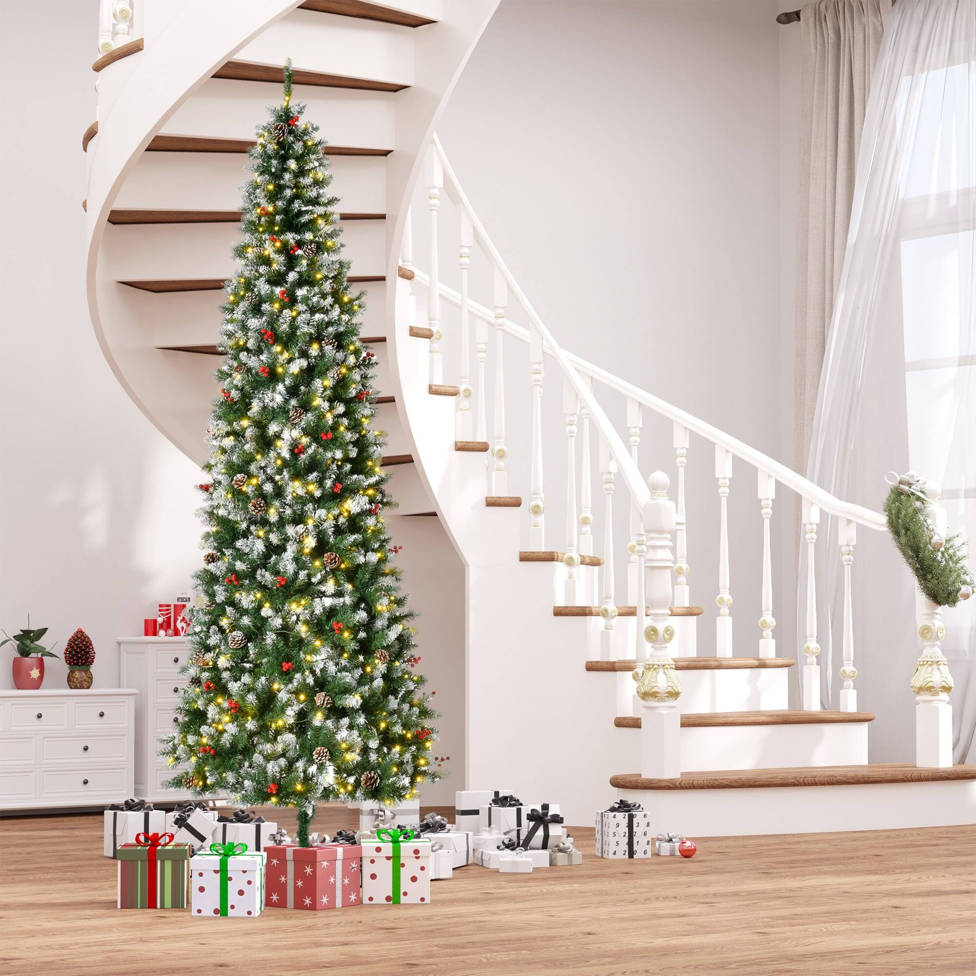 Angle. BreeBe - 9ft Pre-Lit Snow-Dipped Artificial Christmas Tree with Realistic Branches - Green.