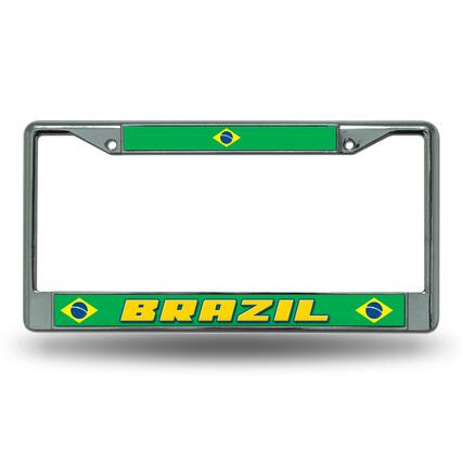 Front. Rico Industries - Brazil World Cup Soccer (Football) Chrome Metal License Plate Frame - Multi.
