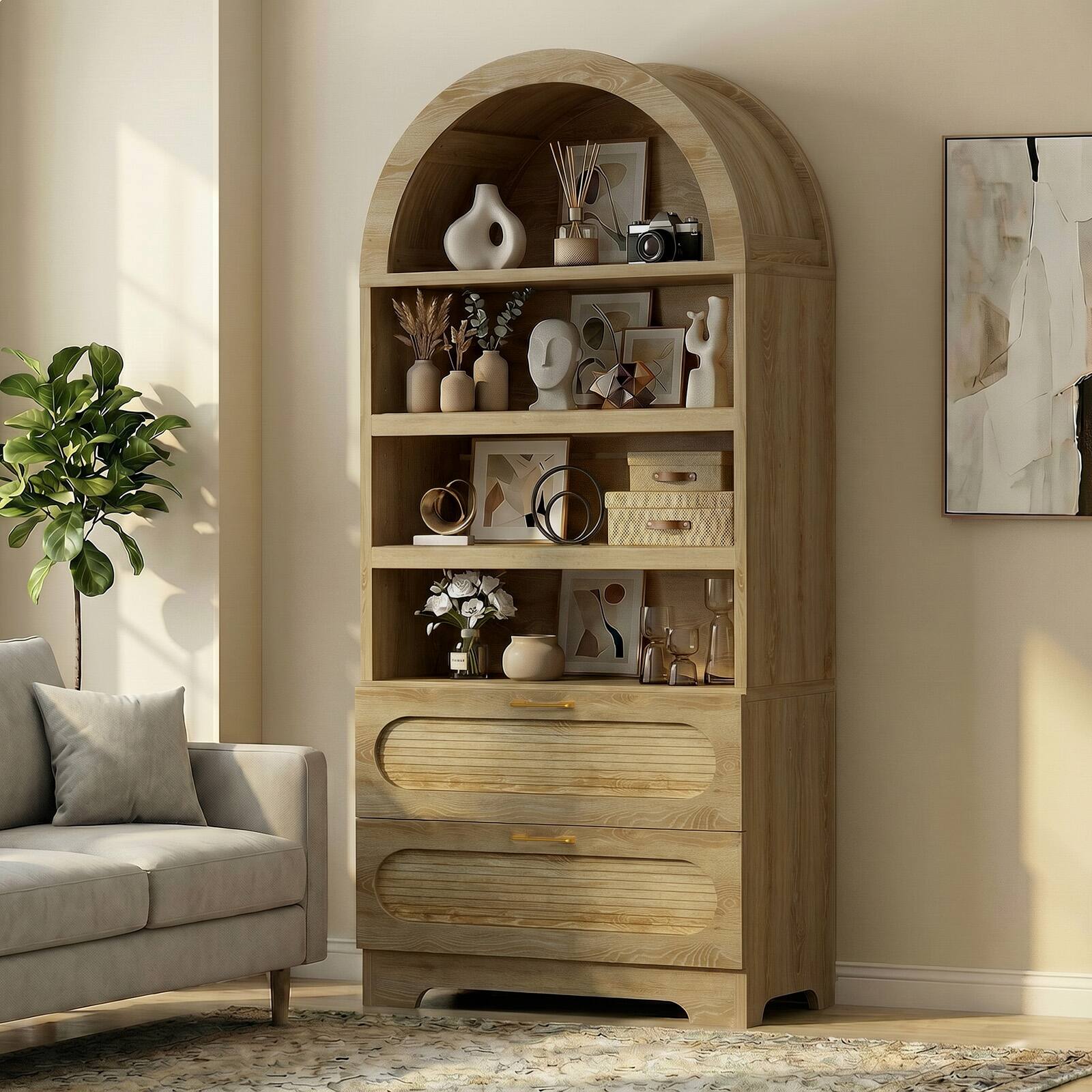 Alt View 3. Bestier - 71 inch Modern Arched Storage Cabinet, Extra Deep Fluted Bookcase with 3 Adjustable Shelves - Natual Oak.