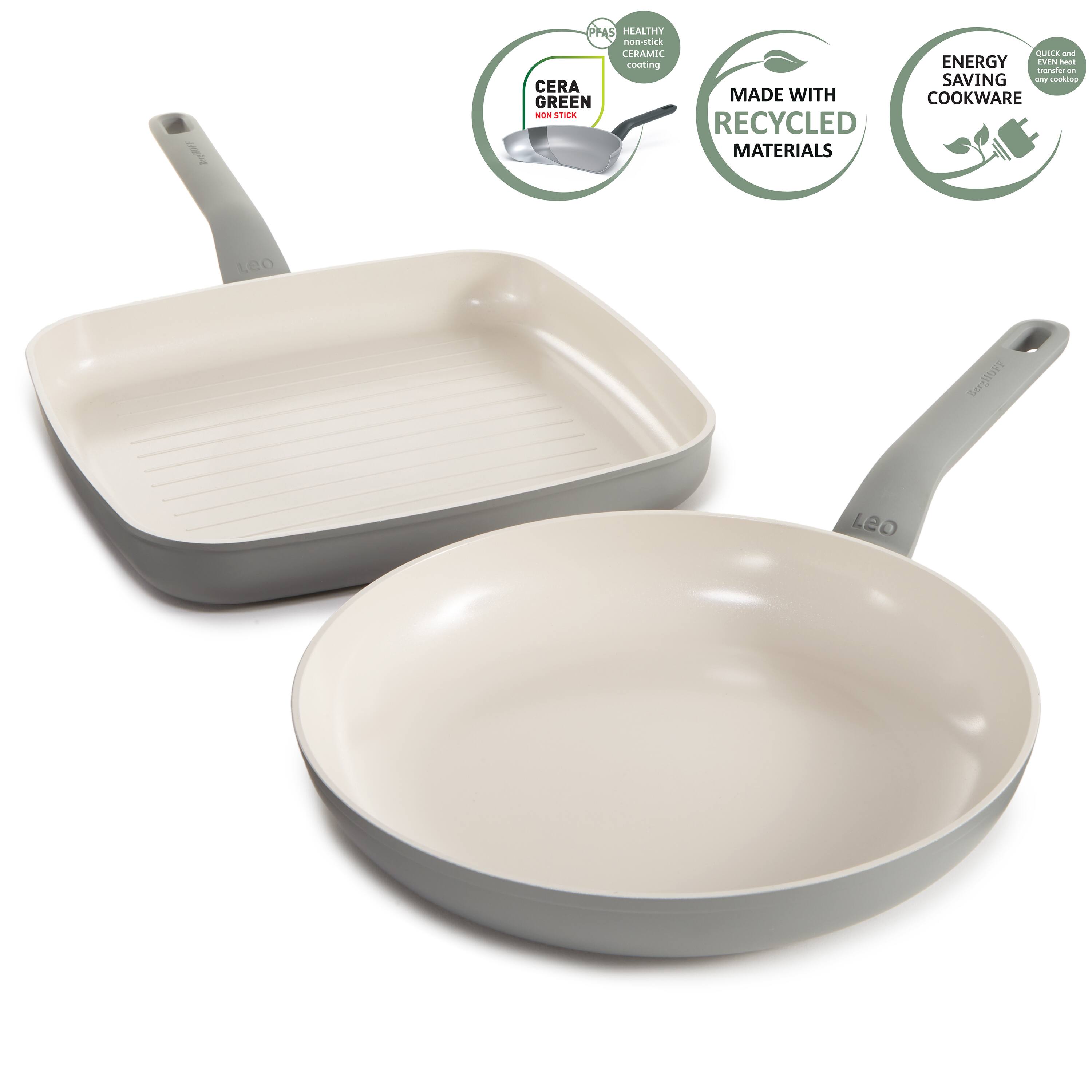 1. PNAS HEALTHY non-stick TRAMIC coating
2. CERA MADE WITH GREEN 100% RECYCLED MATERIALS
3. quILa and ENERGY IVIN hast anater - SAVING - veckinp COOKWARE
4. Le0 Seriniy Lea

- HEALTHY non-stick coating
- CERA GREEN non-stick
- MADE WITH RECYCLED MATERIALS
- ENERGY SAVING COOKWARE