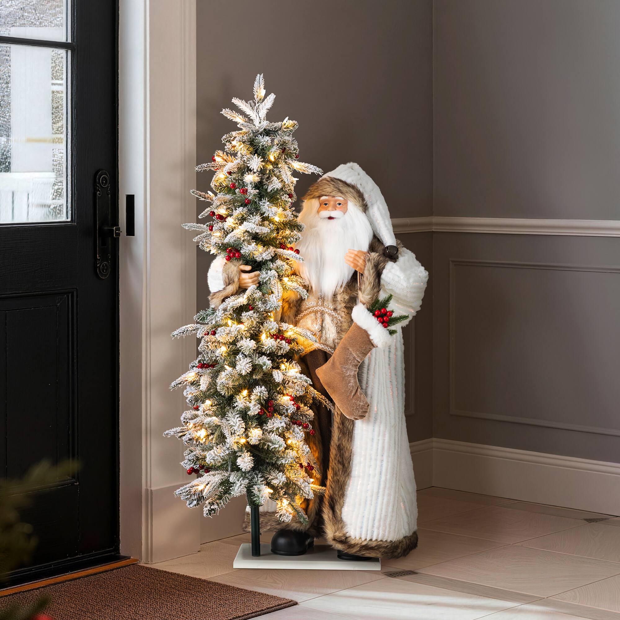 Alt View 4. Glitzhome - 3.5FT Oversized Woodland Santa with 4FT Lighted Flocked Artificial Christmas Tree - Multi-Colored.