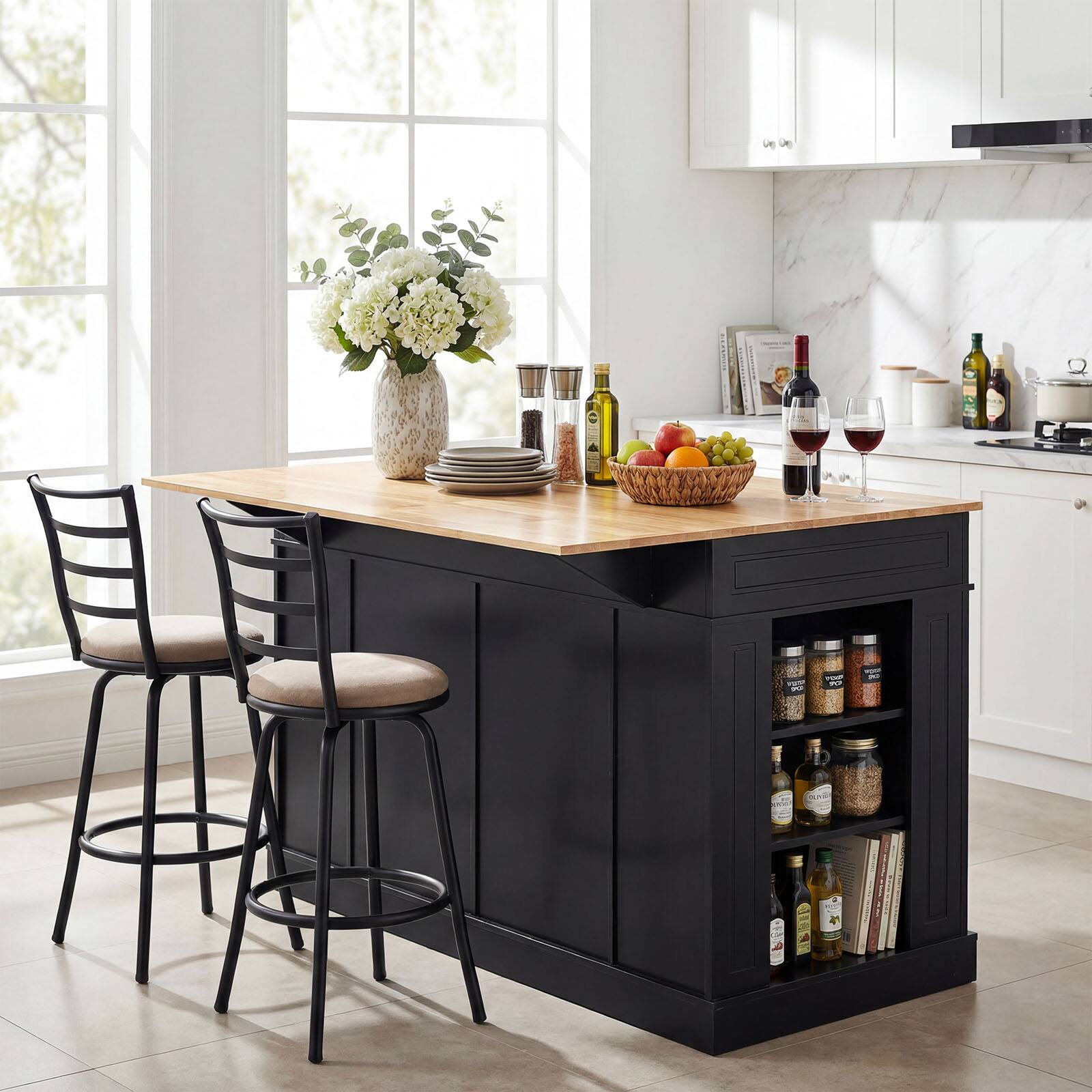 Alt View 4. Costway - Kitchen Island with Storage Drop Leaf Breakfast Bar Table with Top Freestanding Buffet Sideboard - Black + Natural.