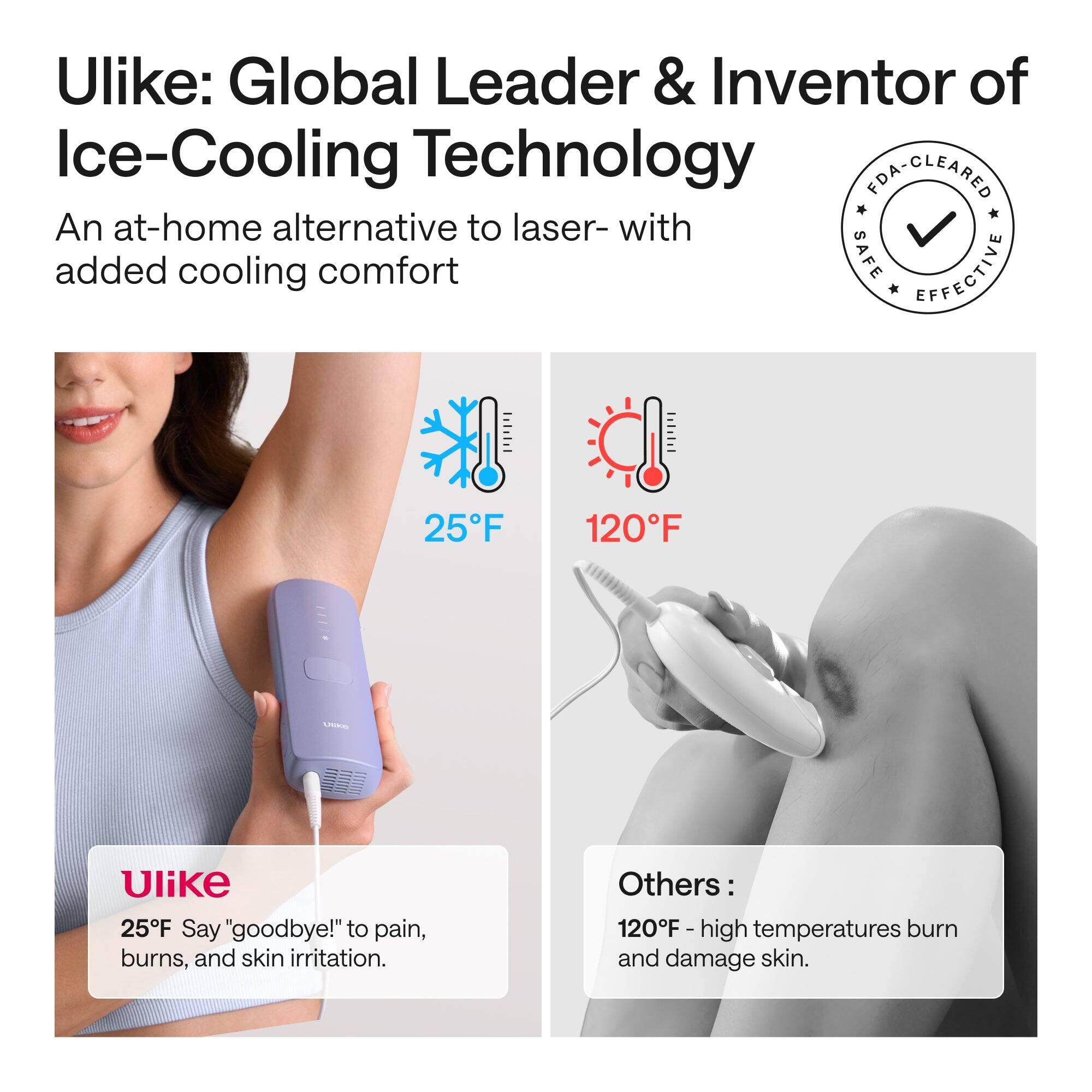 Ulike: Global Leader & Inventor of Ice-Cooling Technology  
FDA-CLEARED  
An at-home alternative to laser- with added cooling comfort  

25°F  
Ulike 25°F  
Say "goodbye!" to pain, burns, and skin irritation.  

Others:  
120°F - high temperatures burn and damage skin.
