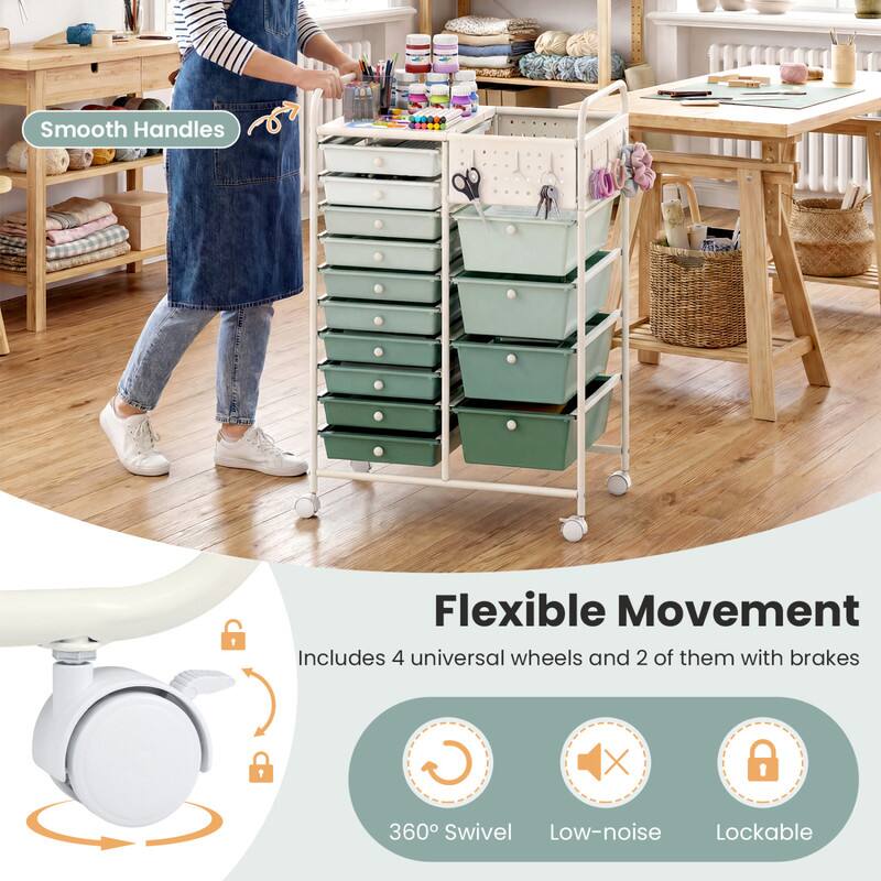 Smooth Handles  
Flexible Movement  
Includes 4 universal wheels and 2 of them with brakes  
360° Swivel  
Low-noise  
Lockable