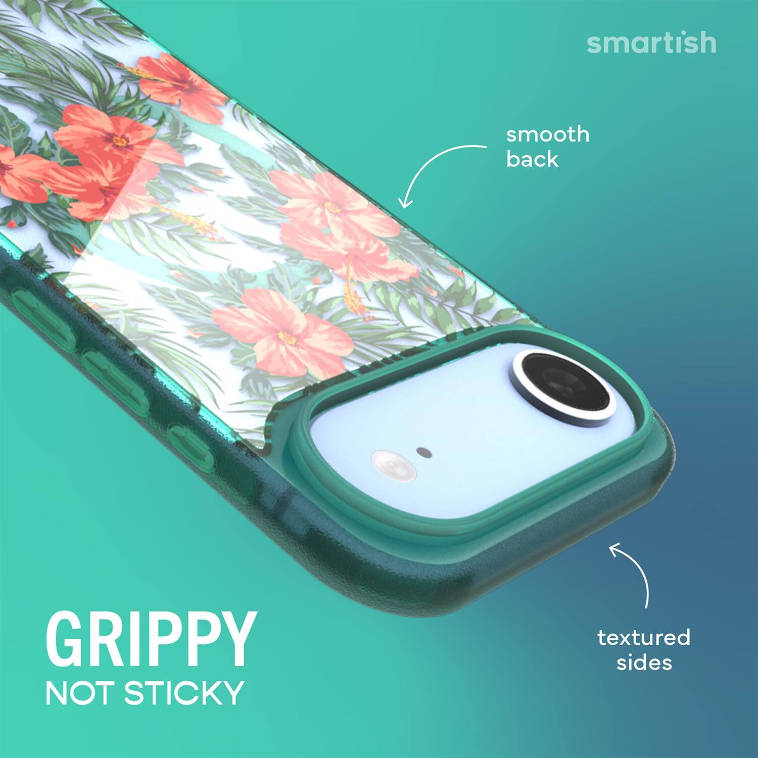 smartish  
smooth back  
GRIPPY NOT STICKY  
textured sides