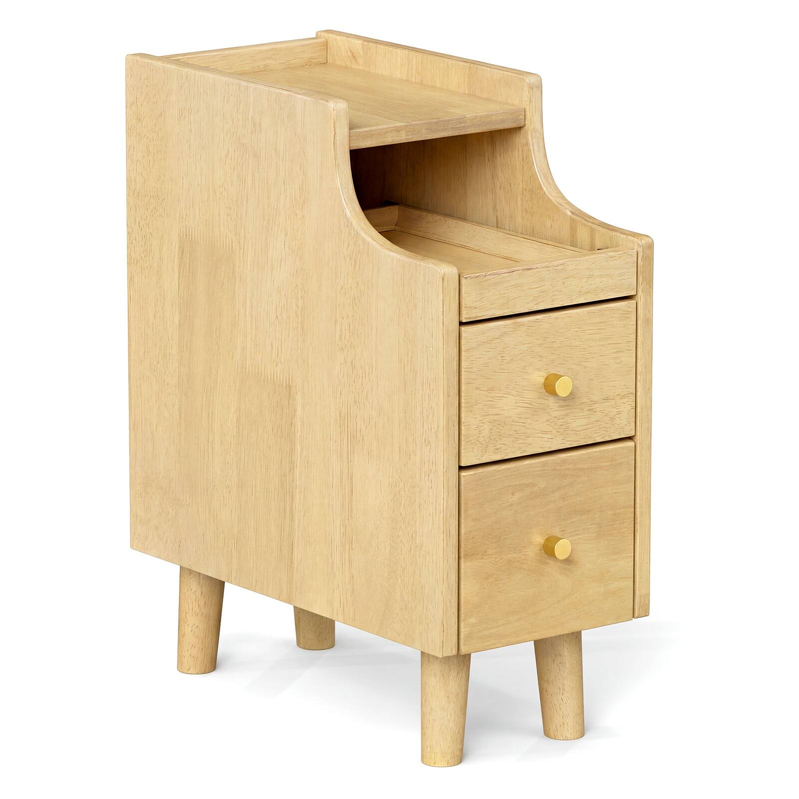 Alt View 9. Gymax - Gymax Narrow Nightstand Solid Wood End Table w/ Pull-out Tray & 2 Storage Drawers Natural - Yellow.