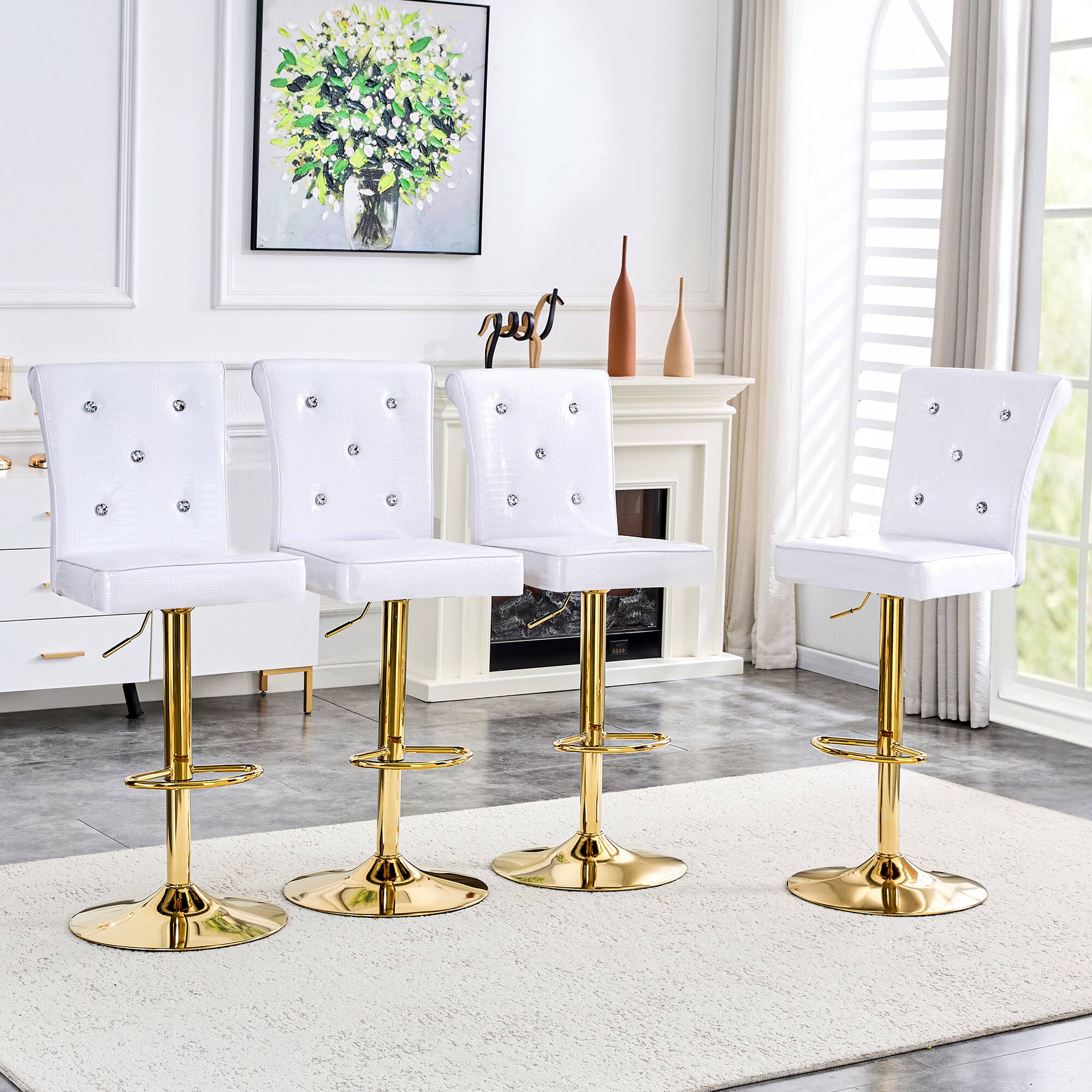Alt View 2. Loheer - Faux Crocodile Lift Chairs Set of 2 Crystal Tufted Dining Seating 1.8x1.42x4.08ft - White.