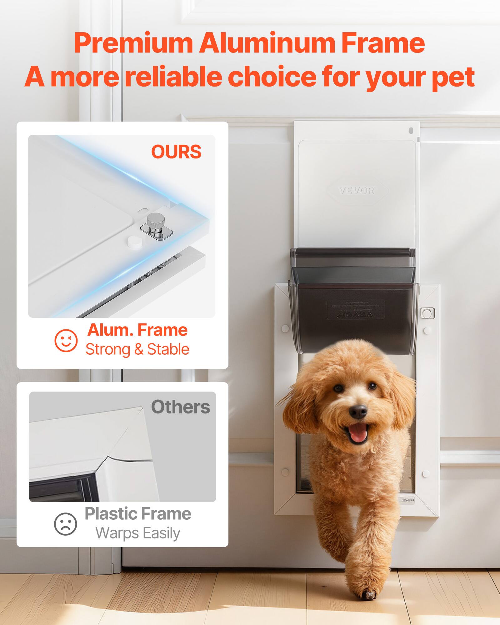 Premium Aluminum Frame  
A more reliable choice for your pet  

OURS  
Alum. Frame  
Strong & Stable  

Others  
Plastic Frame  
Warps Easily