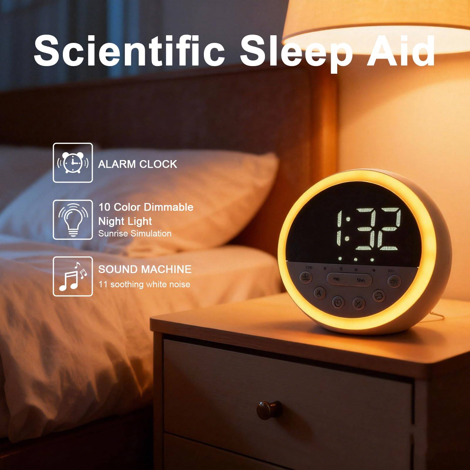 Scientific Sleep Aid

- ALARM CLOCK
- 10 Color Dimmable Night Light Sunrise Simulation
- SOUND MACHINE
- 11 soothing white noise