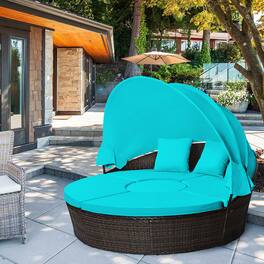 Gymax - Cushioned Patio Rattan Round Daybed w/ Adjustable Table 3 Pillows - Turquoise