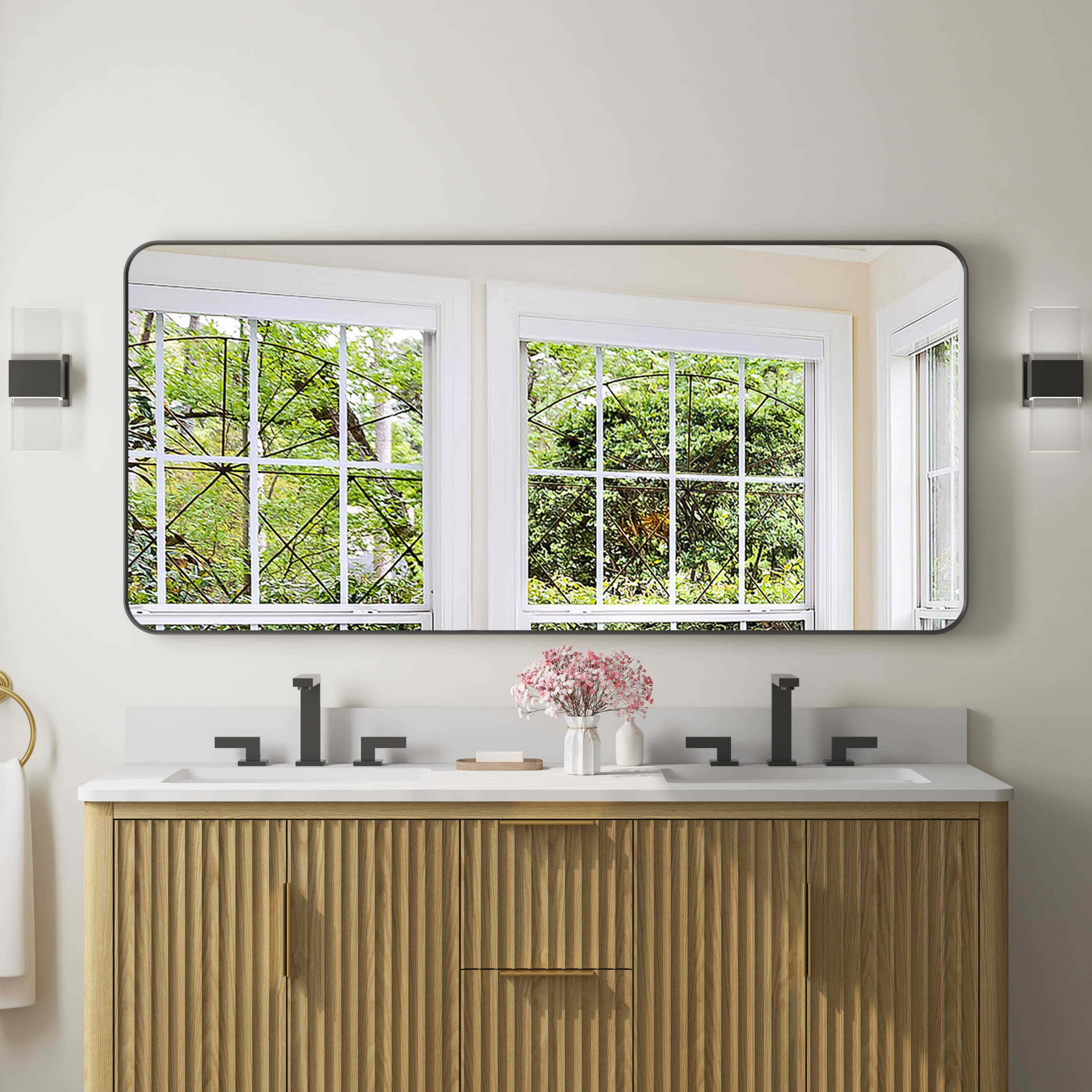 Left. WELLFOR - 60 in. W. x 28 in. H Rectangular Aluminum Framed Wall-Mounted Bathroom Vanity Mirror - Matte Black.