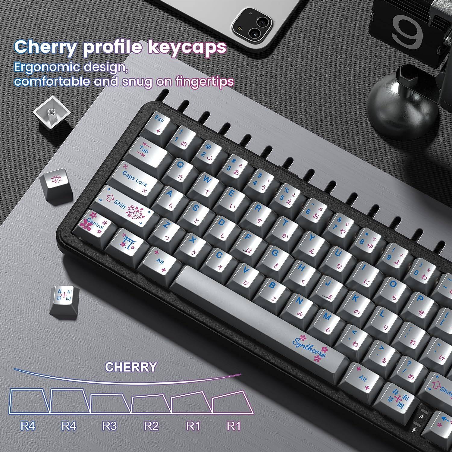 Cherry profile keycaps  
Ergonomic design, comfortable and snug on fingertips  

9 R4 d d 1 R4 Esc + ! 1 aa Tab 2 a x 3 Caps S W 1 Lock 4 x A E % 5 1 Shift S R . 6 & * a D T ntrol Z 7 e F Y x 8 a ( + G U 9 Alt ) H I + V 0 1 J O K P N L M C Synthcore > ? CHERRY Alt + I A R3 R2 R1 R1 + [ [ : " Shift