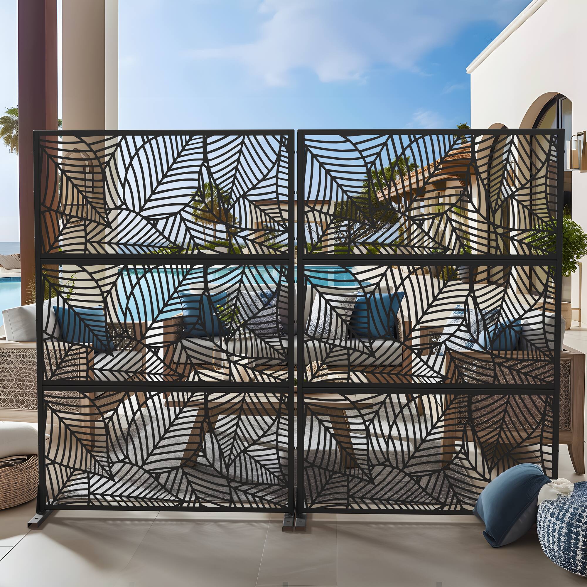Alt View 2. PexFix - 72 in. x 47 in. Leaf Pattern Metal Outdoor Privacy Screen & Panels, Freestanding Garden Divider Fence - Black.