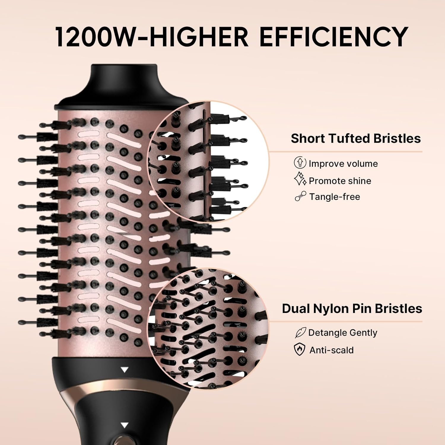 1200W-HIGHER EFFICIENCY

Short Tufted Bristles
- Improve volume
- Promote shine
- Tangle-free

Dual Nylon Pin Bristles
- Detangle Gently
- Anti-scald