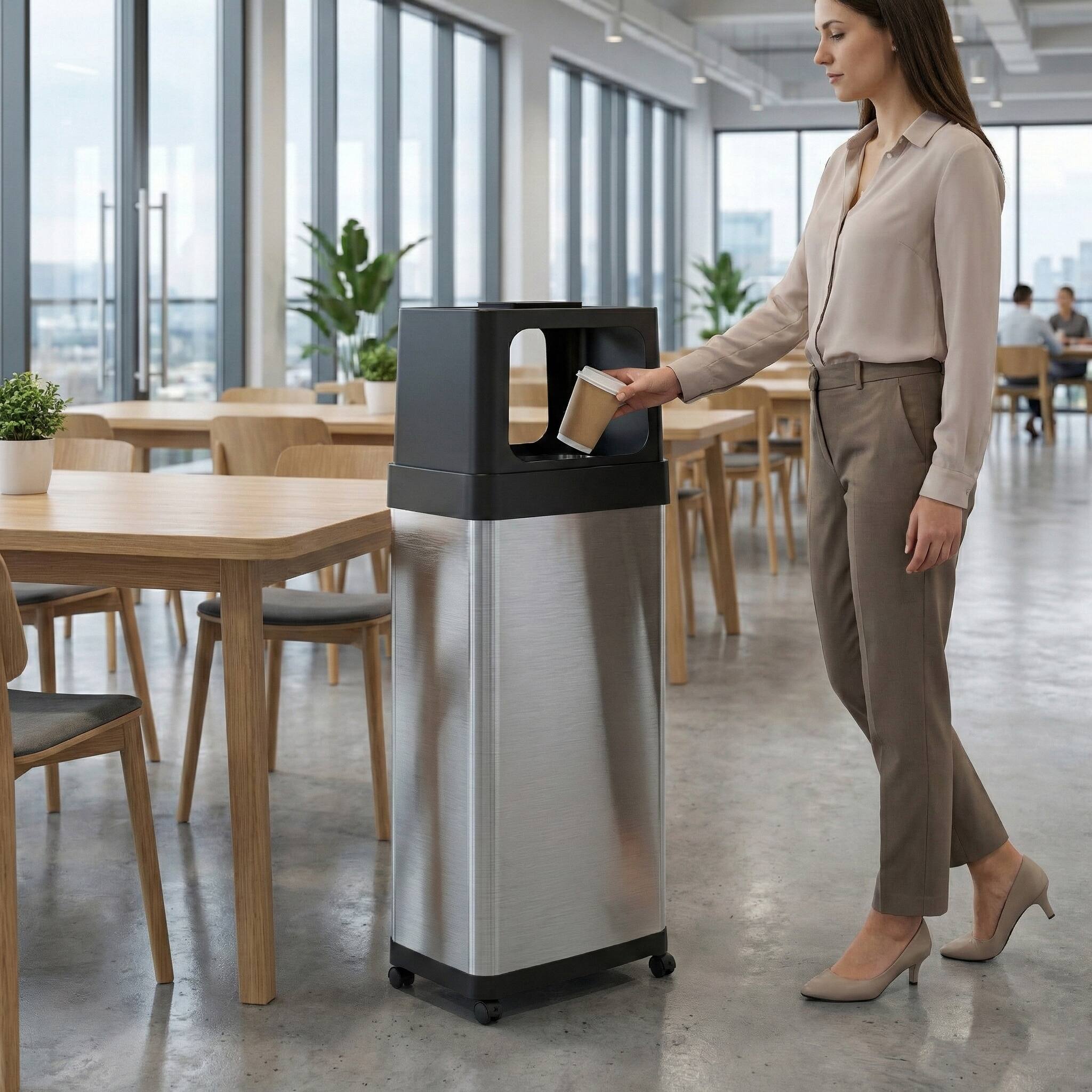 Angle. iTouchless - 24 Gallon Stainless Steel Dual Side Entry Kitchen Trash Can with Wheels and AbsorbX Odor Filter - Silver.