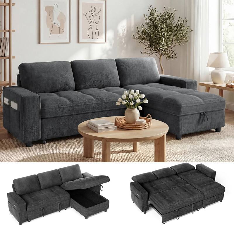 Angle. Dyonery - Dyonery 81" Sleeper Sofa, Convertible Sofa Bed with Storage, Sectional Couch L Shaped 3 Seat Sectional Sleeper Sofa - Gray.
