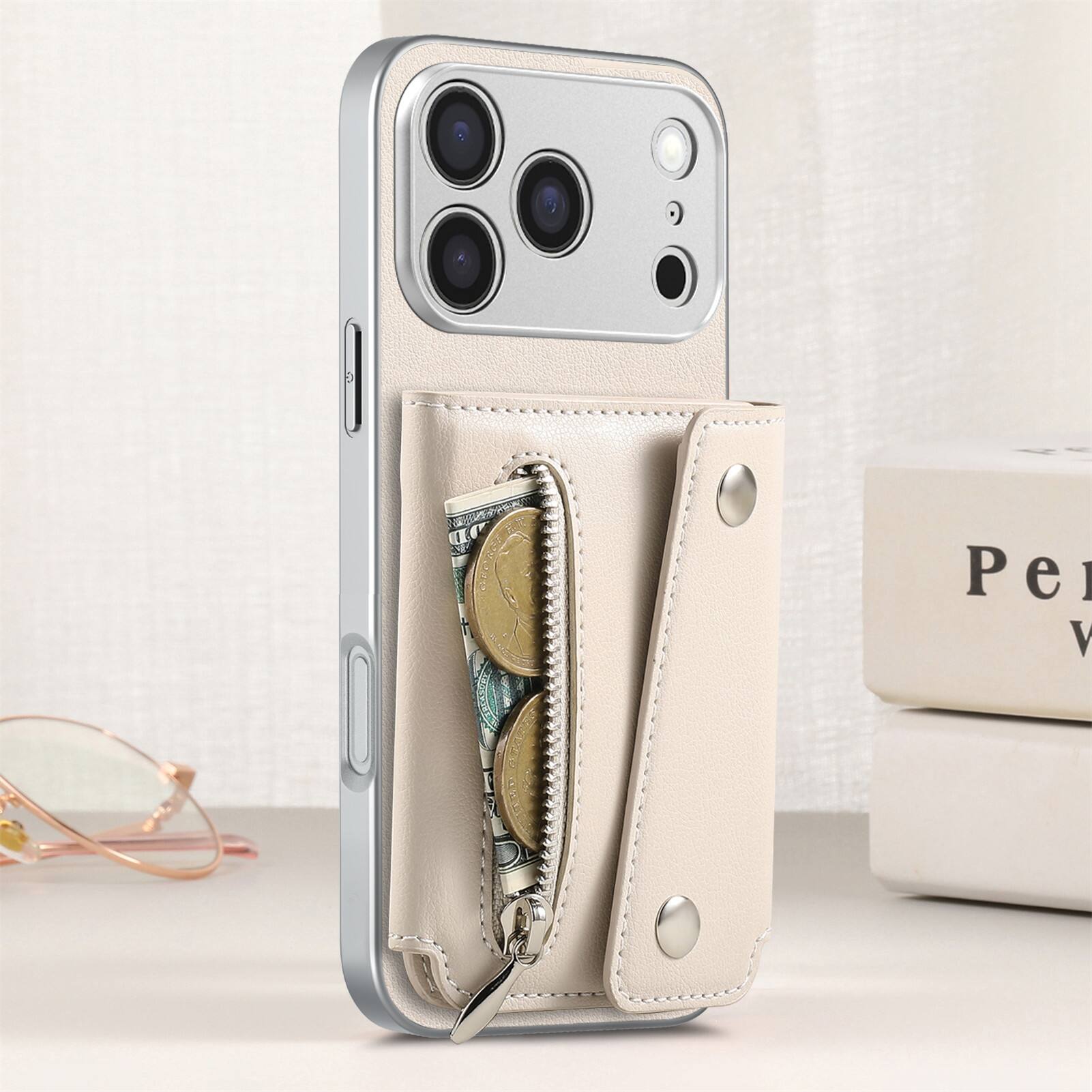 Alt View 1. Dteck - PU Leather Wallet Case for Apple iPhone 17 Pro Max, Shockproof Kickstand Phone Cover with Card Slots and Zipper Pocket - Beige.