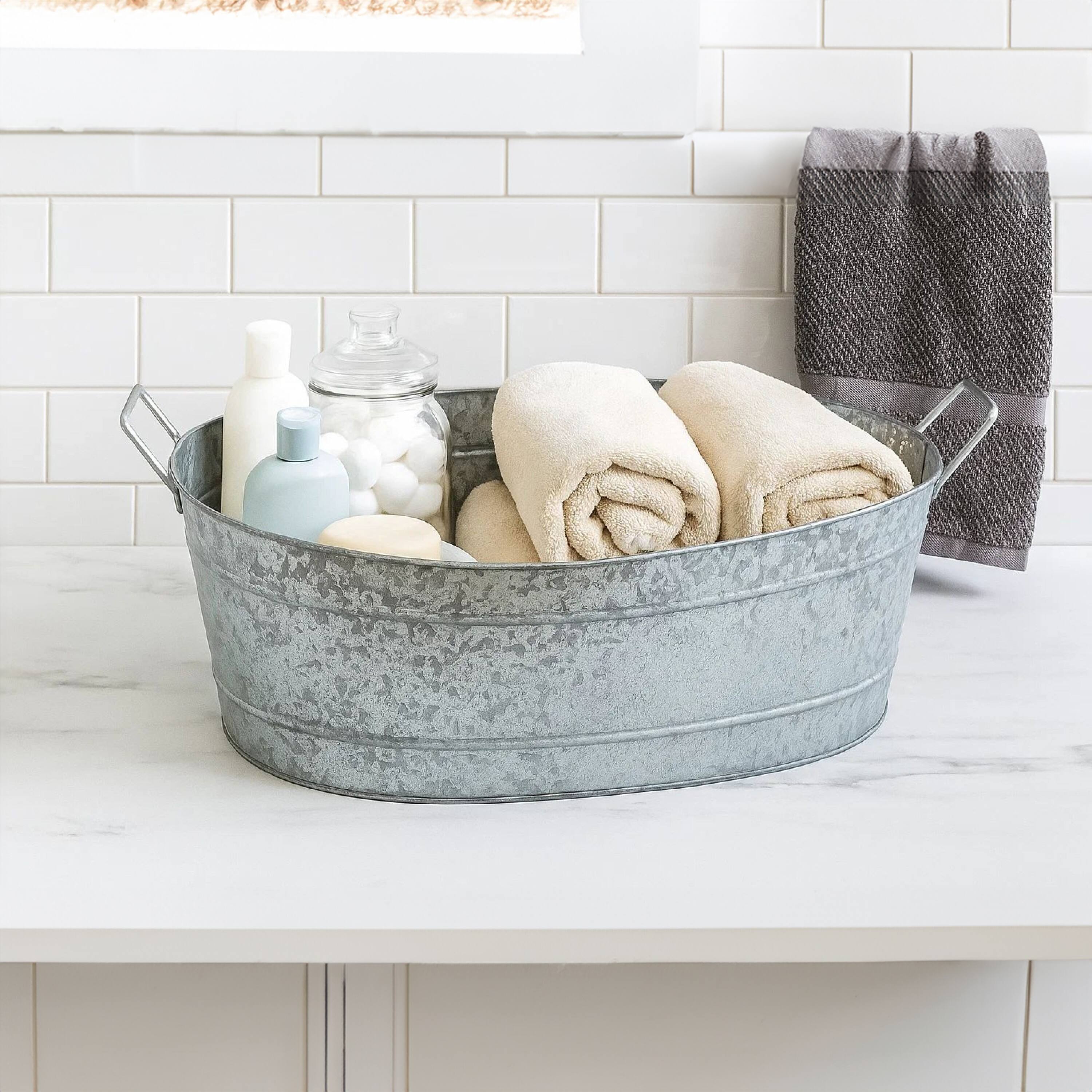 Alt View 5. Manhattan Lane - Thea Embossed Design Oval Shape Galvanized Steel Tub with Side Handles, Large - Silver.