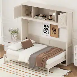 Whisen - Queen Size Murphy Bed with Storage Cabinets, X-Shaped Design Space-Saving Wall Bed for Guest Room - Beige
