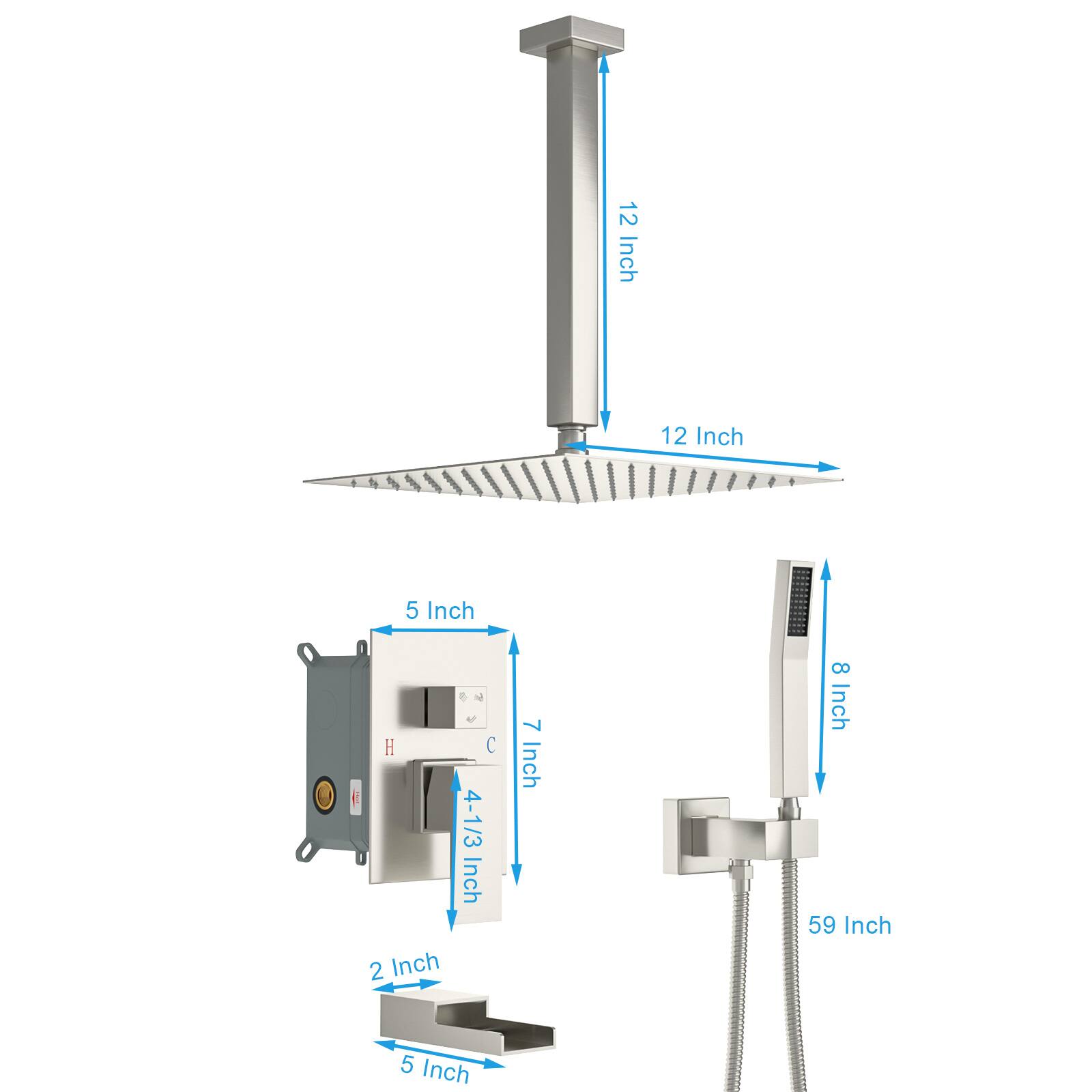 12 Inch  
12 Inch  
5 Inch H  
2 Inch C  
4-1/3 Inch  
7 Inch  
8 Inch  
59 Inch  
5 Inch