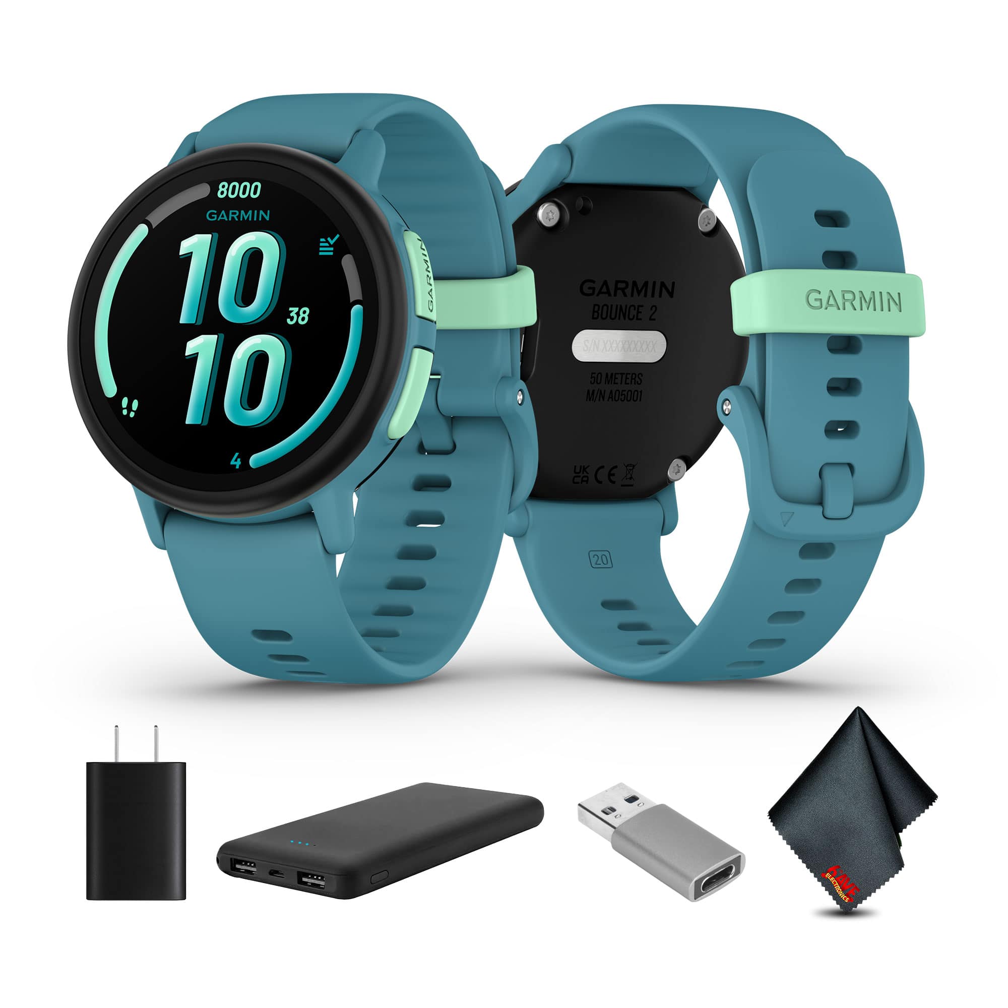 Garmin - Bounce 2, Kids Smartwatch, Turquoise, USB (USA) ADAPTERS - Turquoise - (2025)