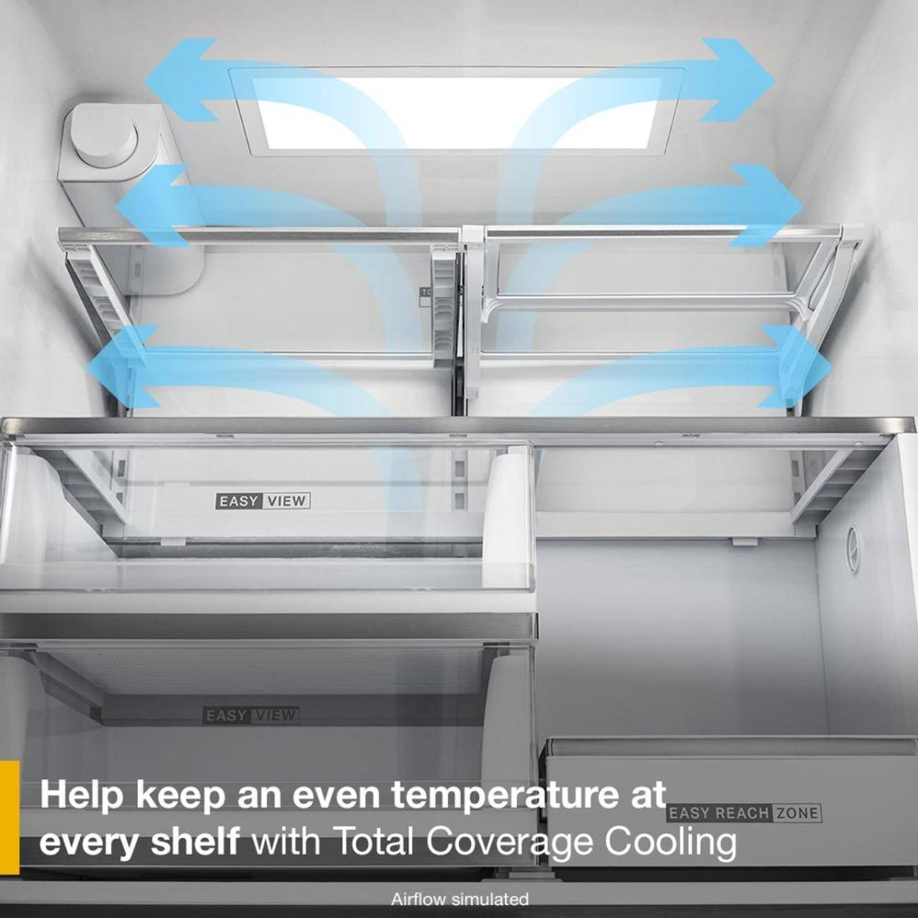 EASY VIEW

Help keep an even temperature at EASY REACH ZONE every shelf with Total Coverage Cooling

Airflow simulated