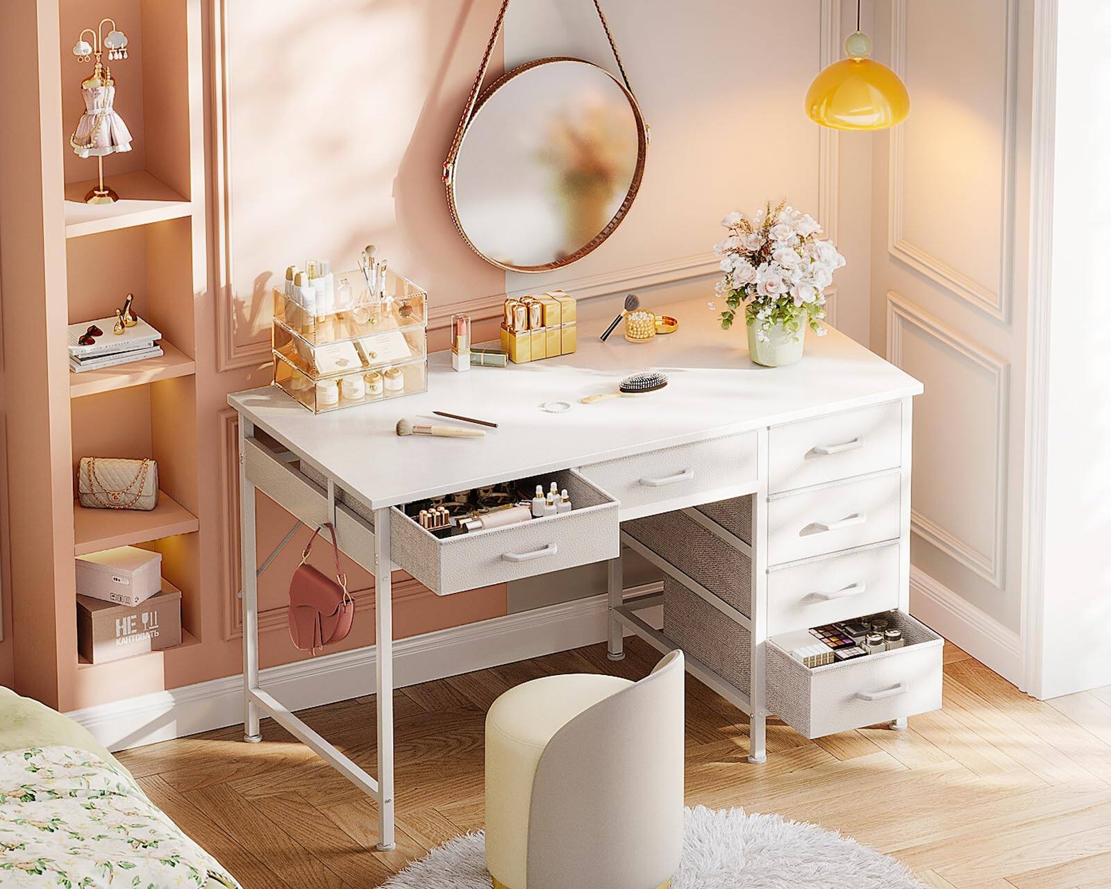 Alt View 3. JETRANSPORT - Computer Desk With 6 Drawers  40 Inch Small Storage Reversible Headphone Hook For Home Office Work Study Table - White 48 Inch.