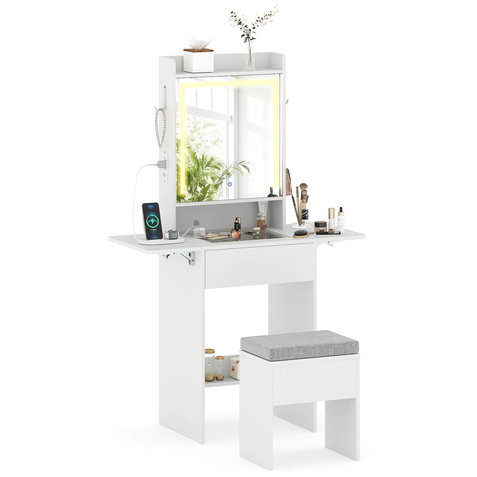 Costway - Vanity Desk with Mirror & Lights, Stool, 2 Drop Leaf Tables, Charging Station - White